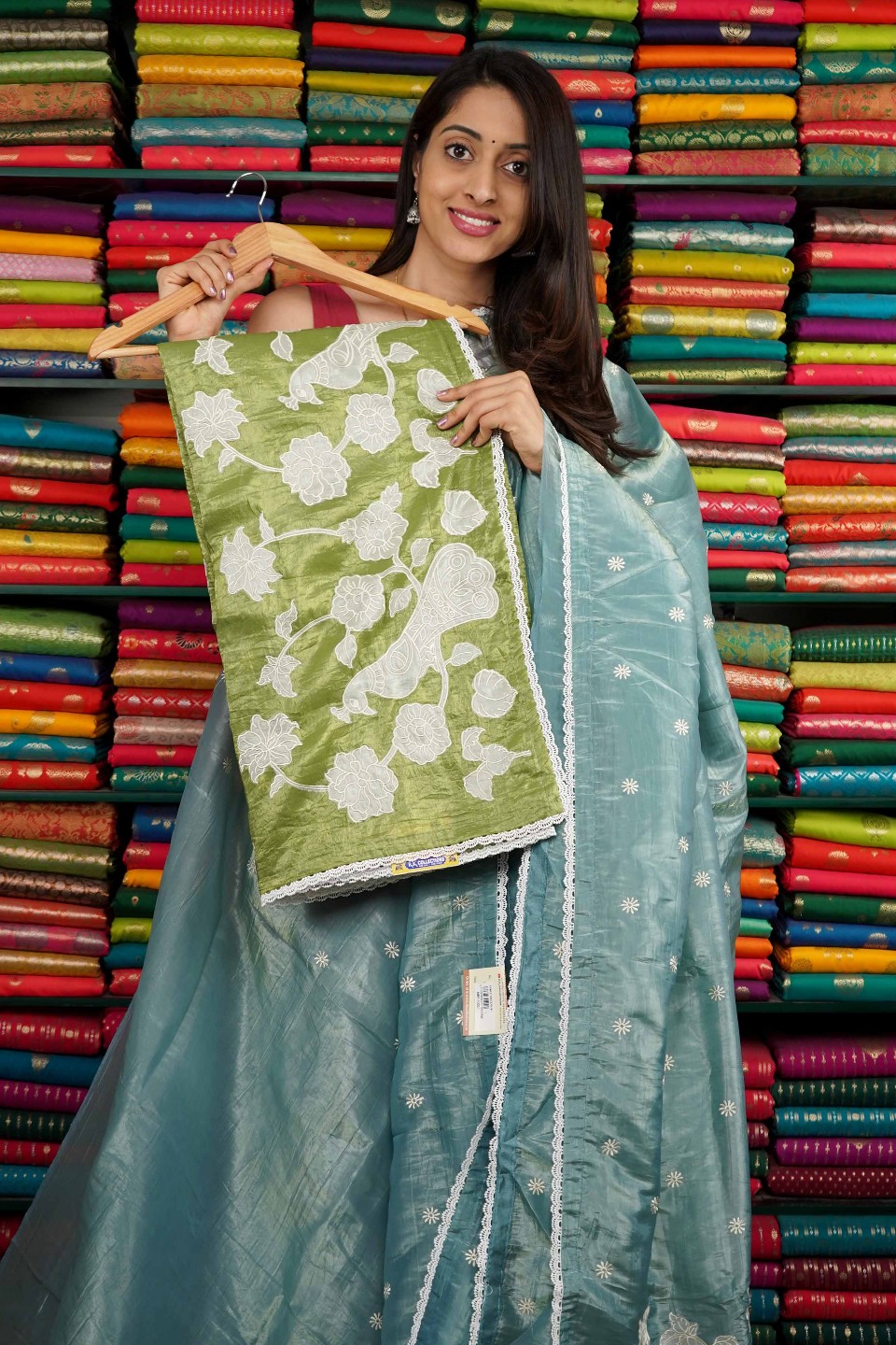 Glass Tussur Embroidery Dark Parrot Green Saree