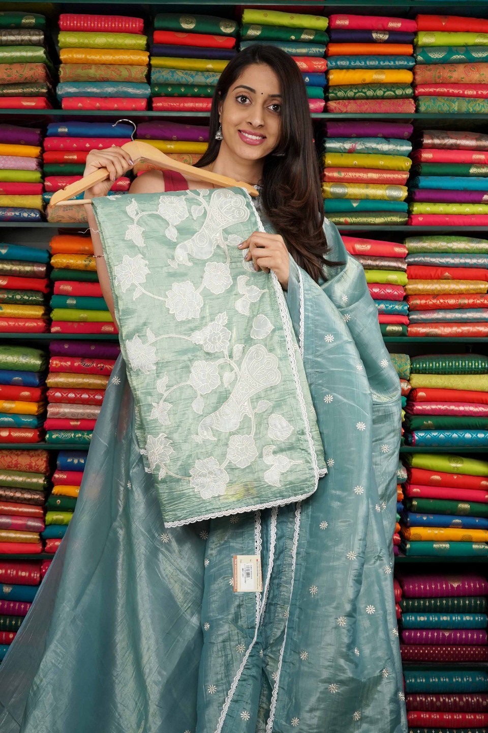 Glass Tussur Embroidery Sea Green Saree