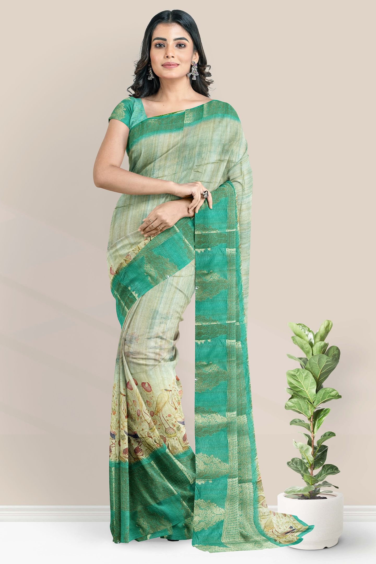 Fancy Silk Gold Zari Birds Design Golden Yellow And Green Mix Saree