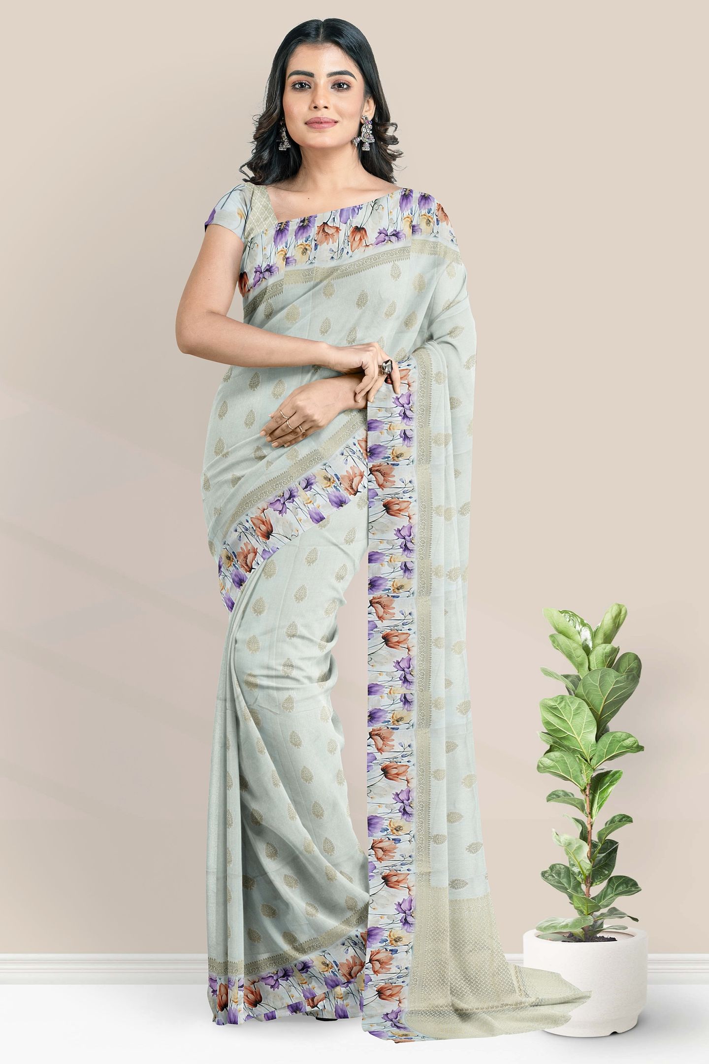 Lenin Silk Satin Border And Weaving Butta Half White Saree