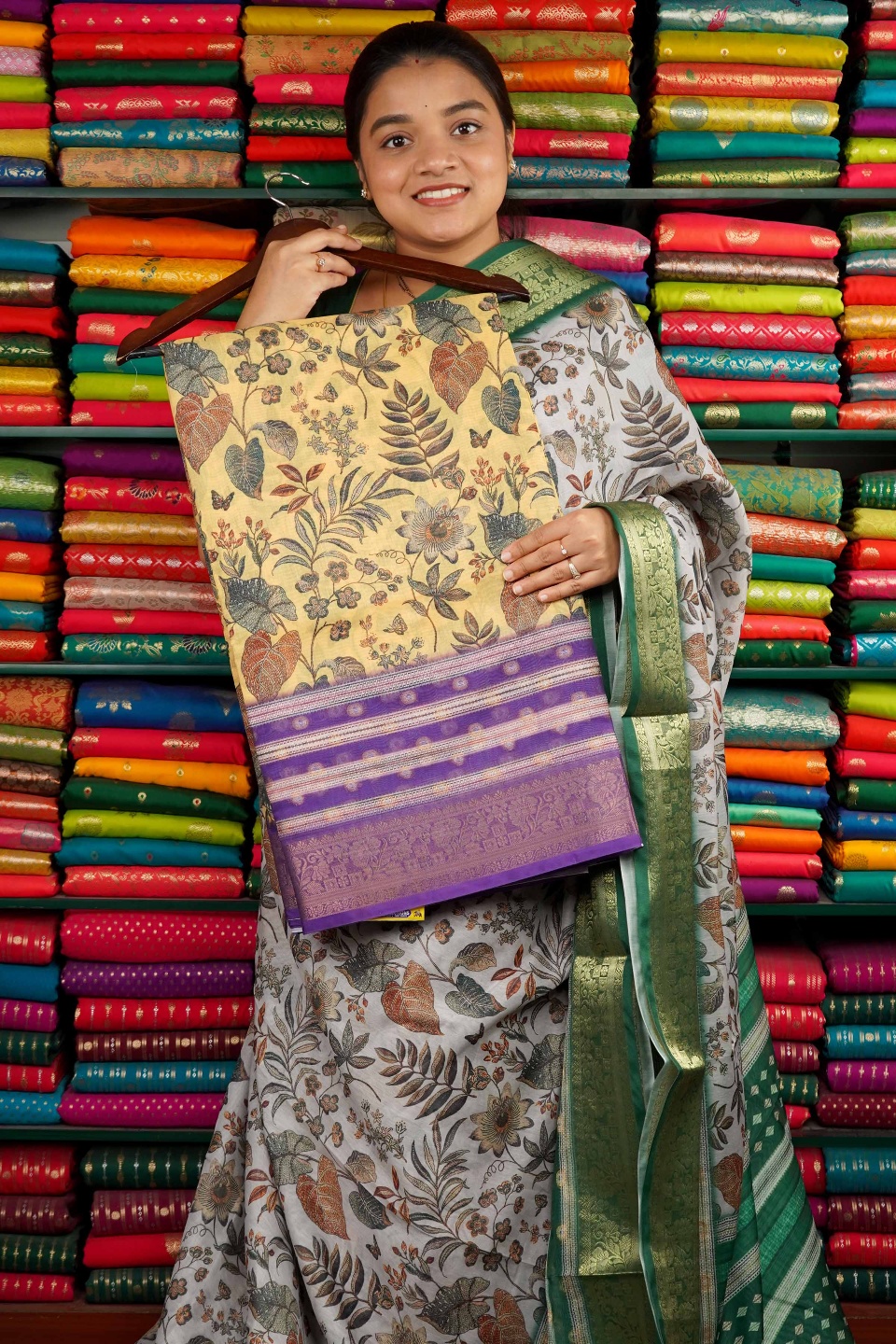 Fancy Silk Digital Print Yellow And Purple Saree