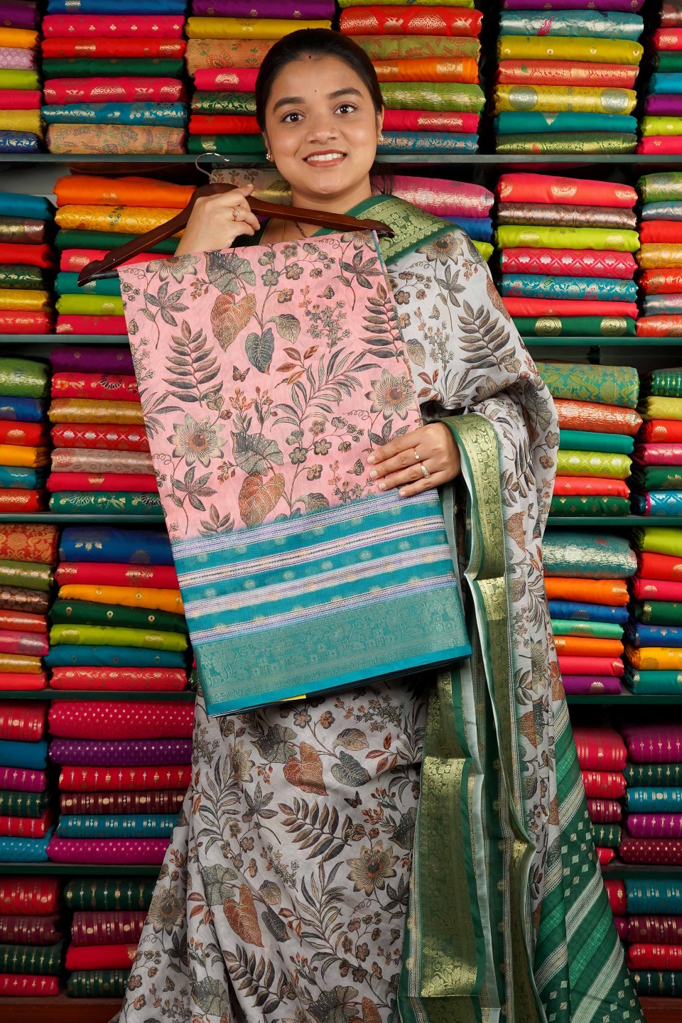 Fancy Silk Digital Print Peach And Rama Blue Saree