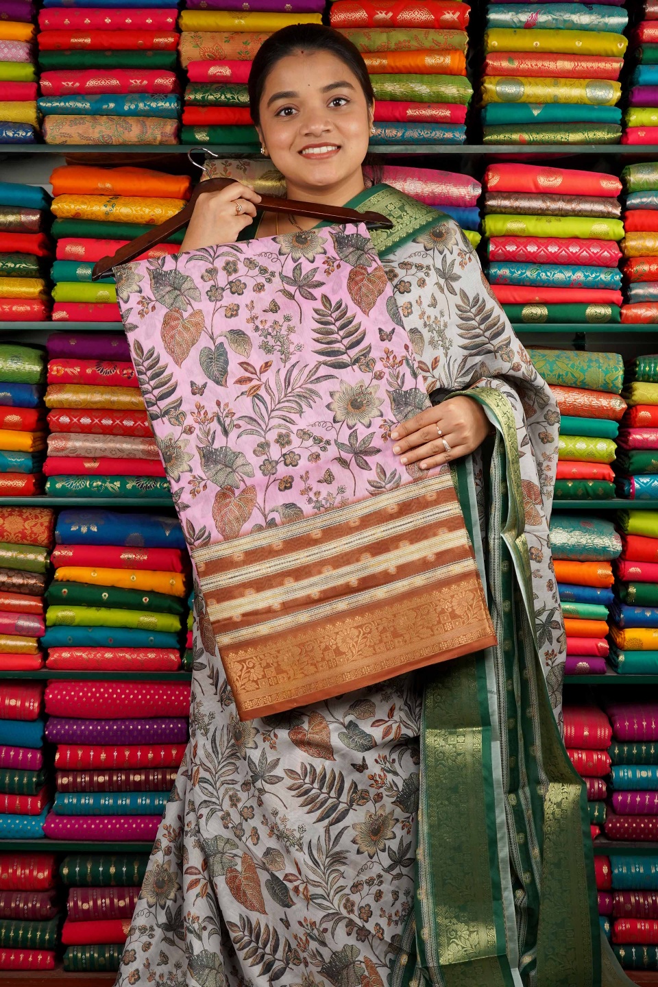 Fancy Silk Digital Print Light Baby Pink And Brick Red Saree