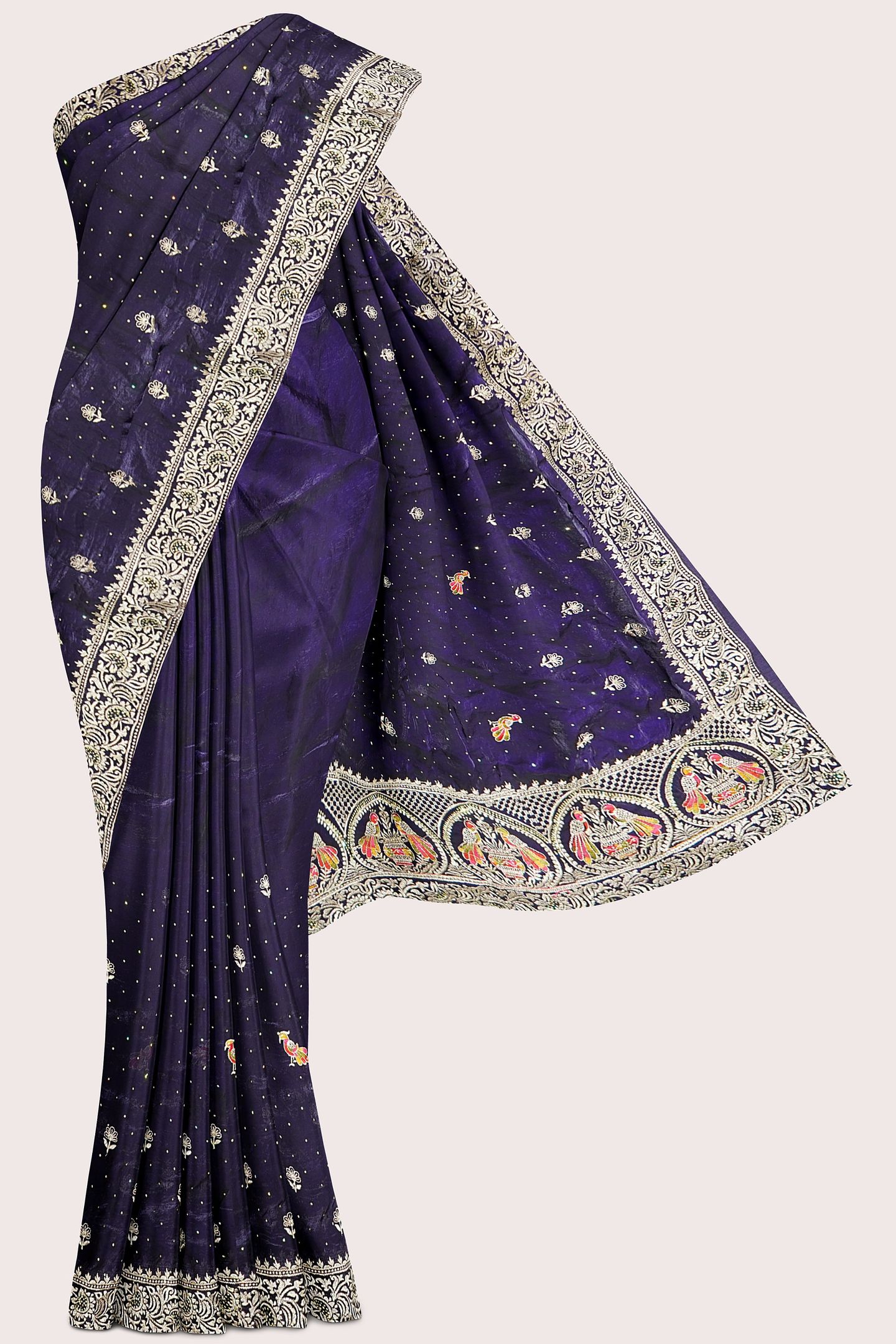 Jimmichoo And Satin Crepe Gold Zari Kundan Work Dark Purple Saree