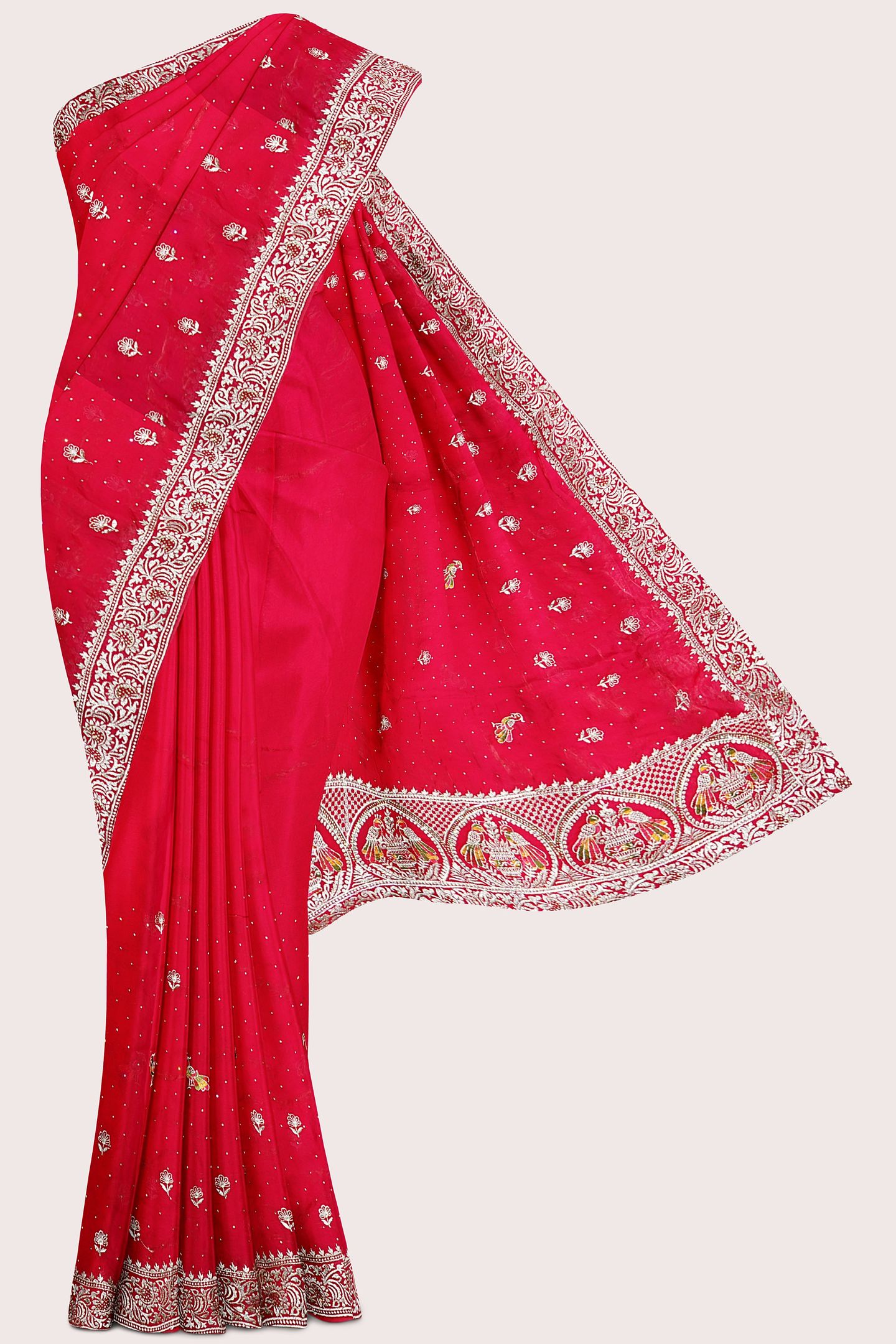 Jimmichoo And Satin Crepe Gold Zari Kundan Work Bright Pink Saree