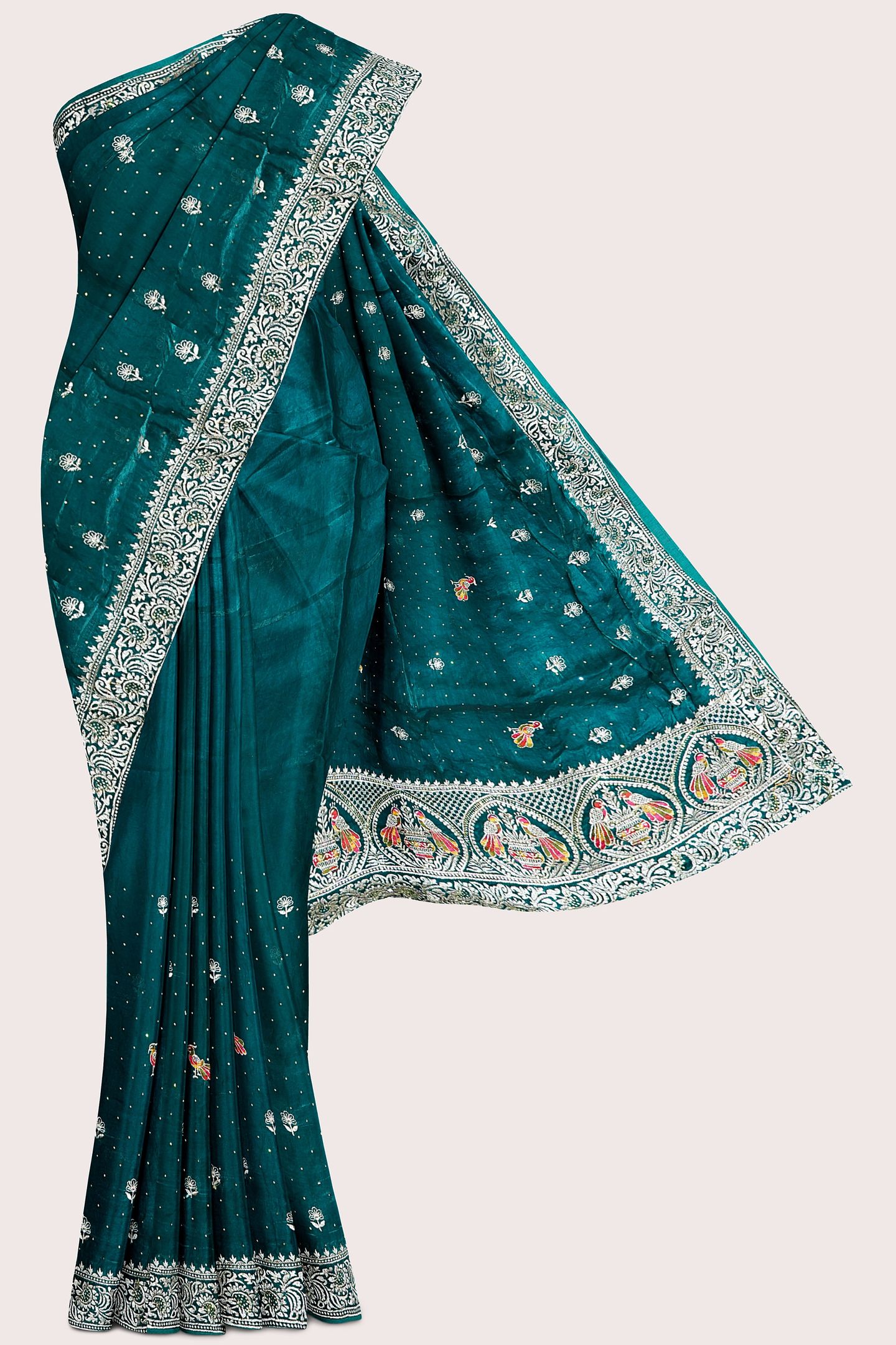 Jimmichoo And Satin Crepe Gold Zari Kundan Work Rama Green Saree