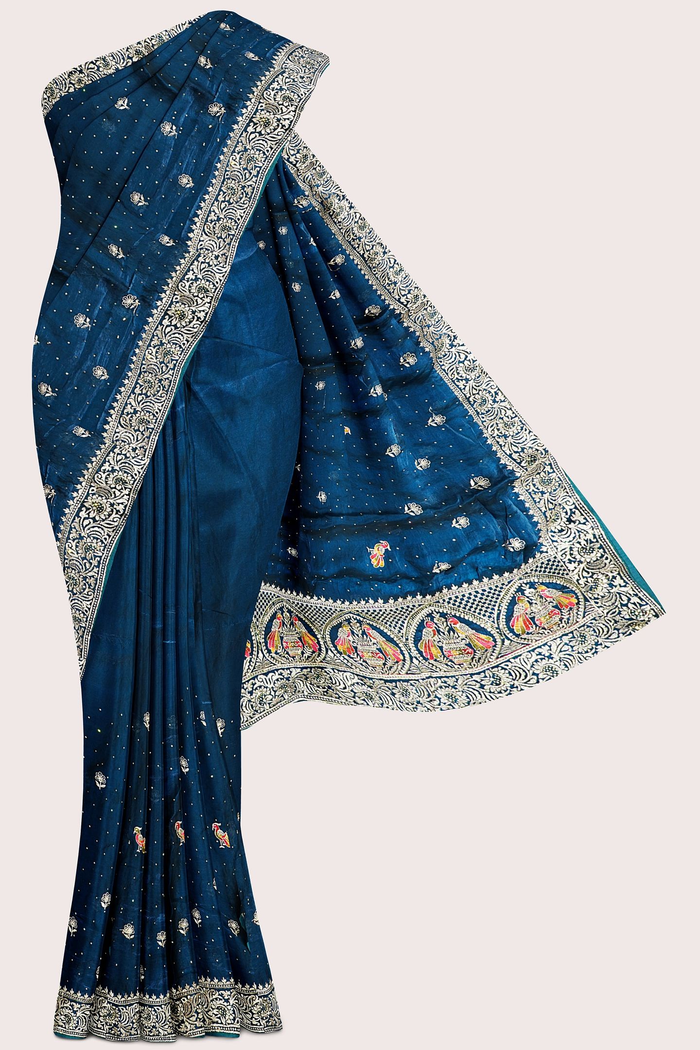 Jimmichoo And Satin Crepe Gold Zari Kundan Work Peacock Blue Saree