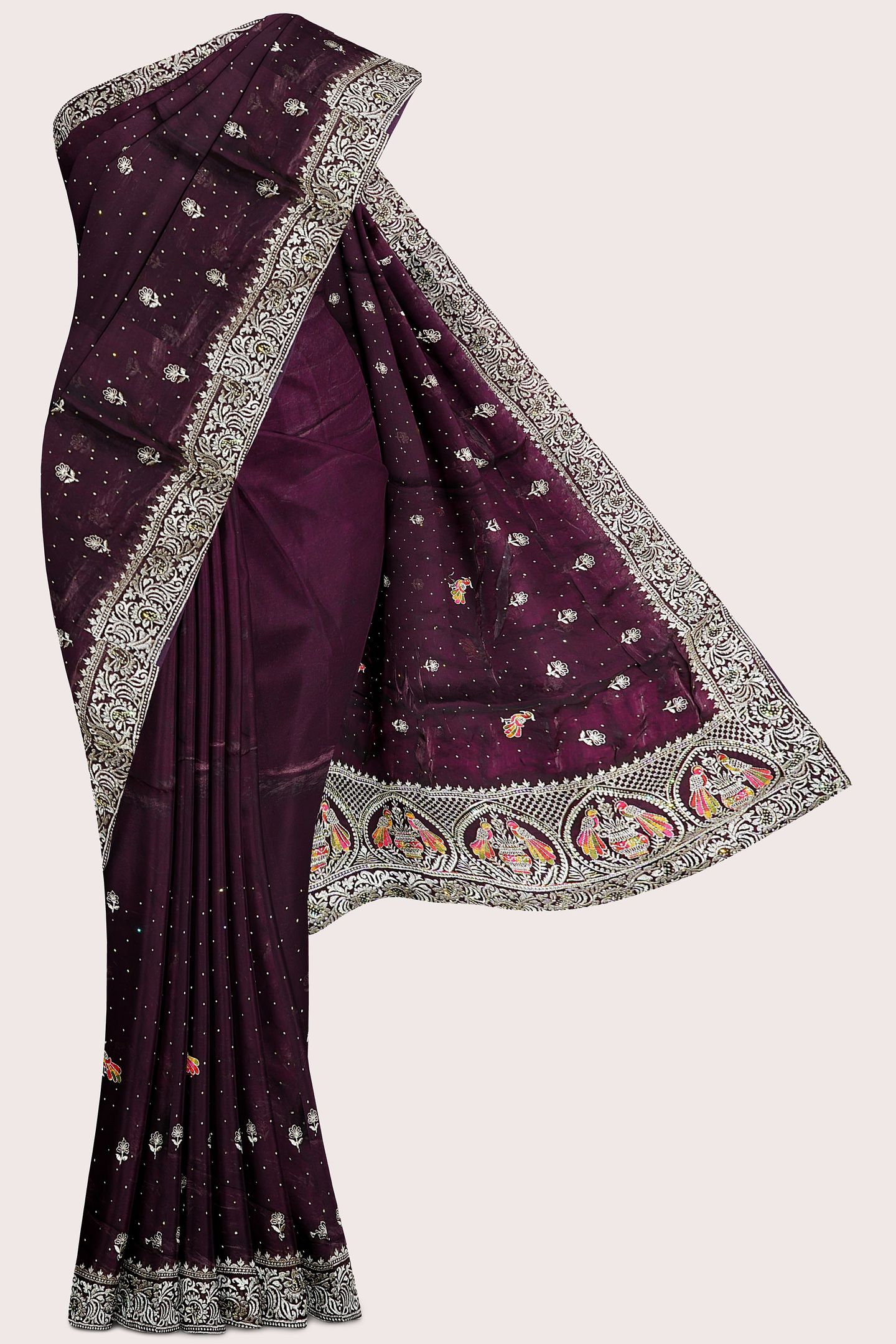 Jimmichoo And Satin Crepe Gold Zari Kundan Work Magenta Pink Saree