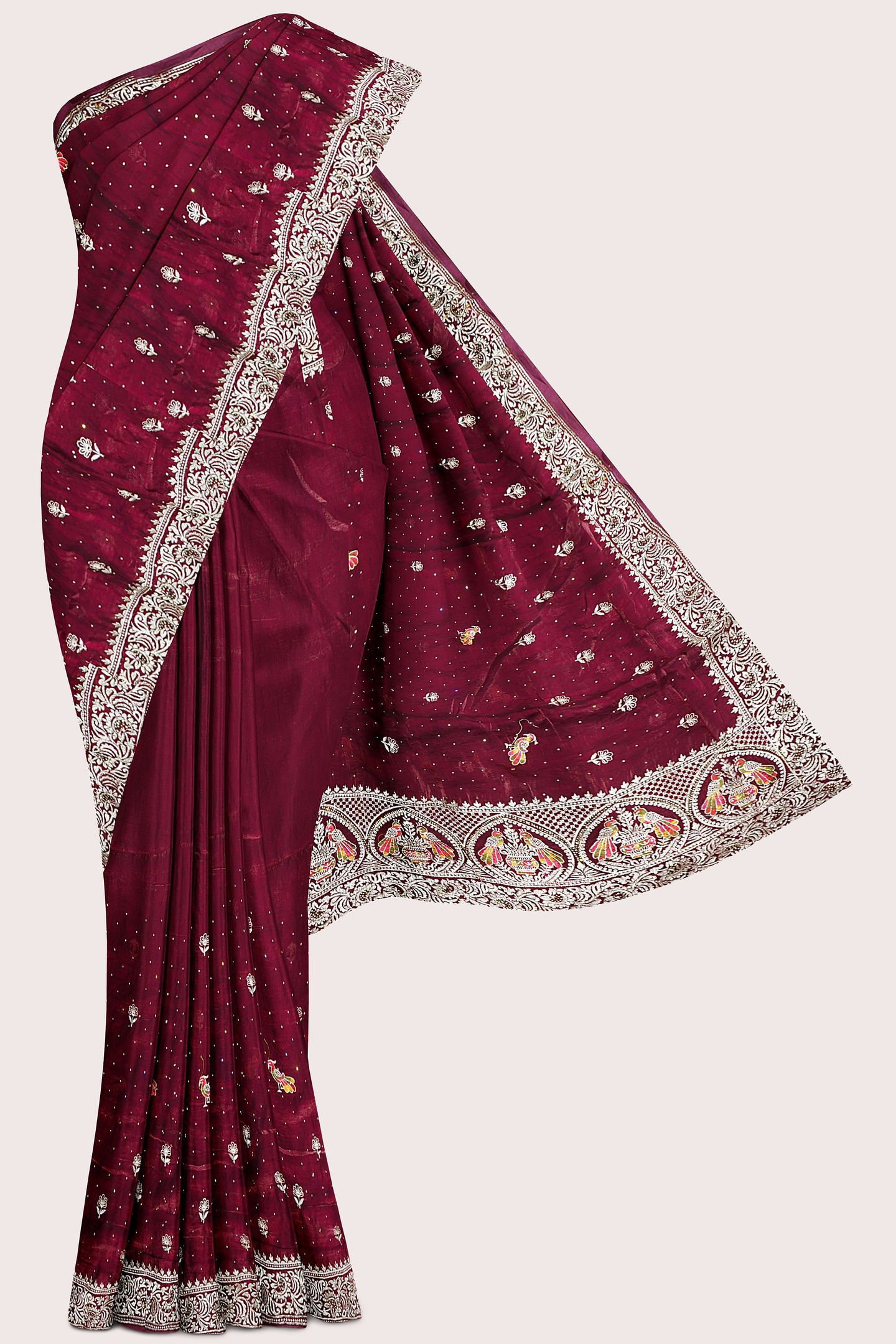 Jimmichoo And Satin Crepe Gold Zari Kundan Work Pink Mix Maroon Saree