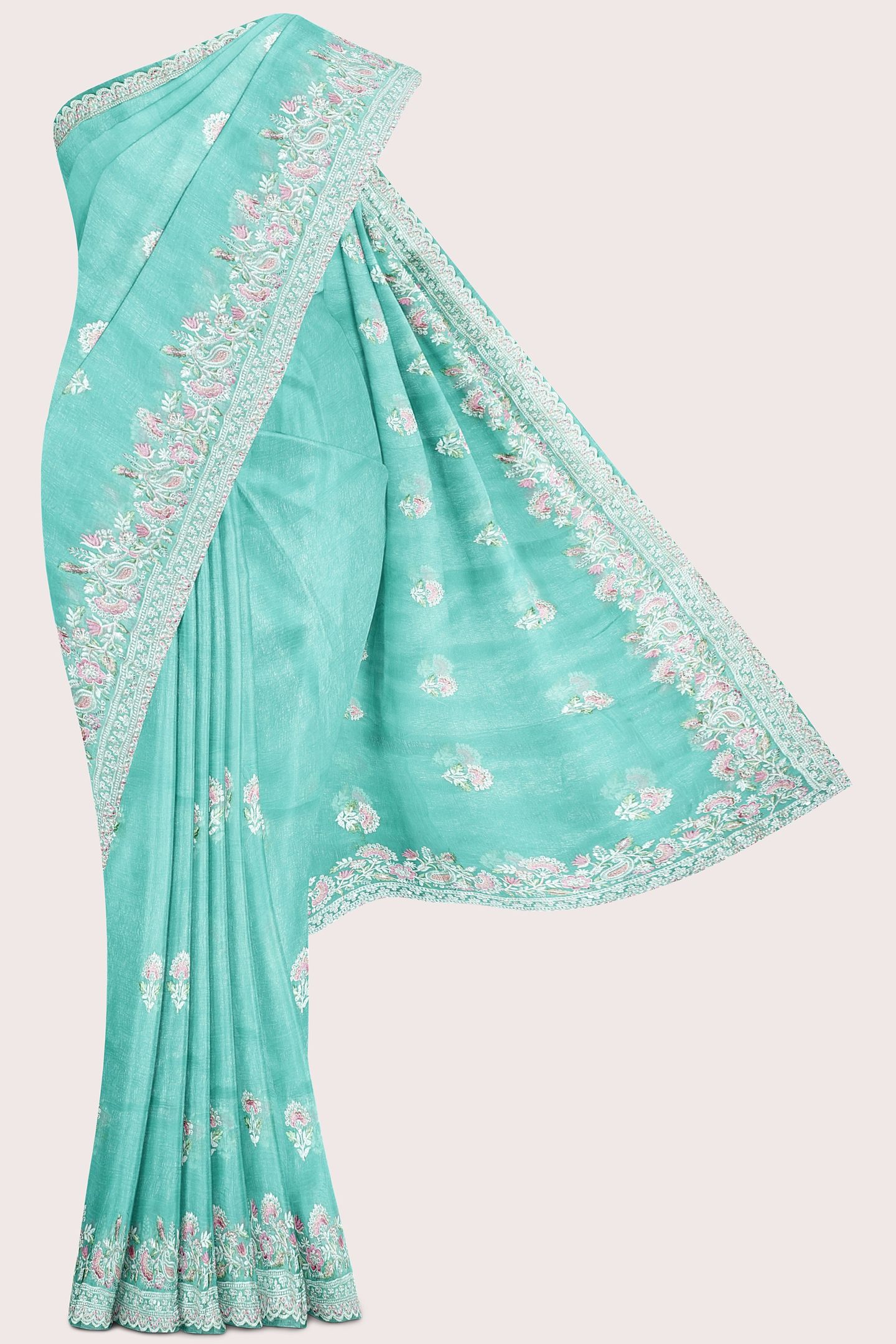 Shimmer Georgette Scallop Border Embroidery Work Sea Green Saree