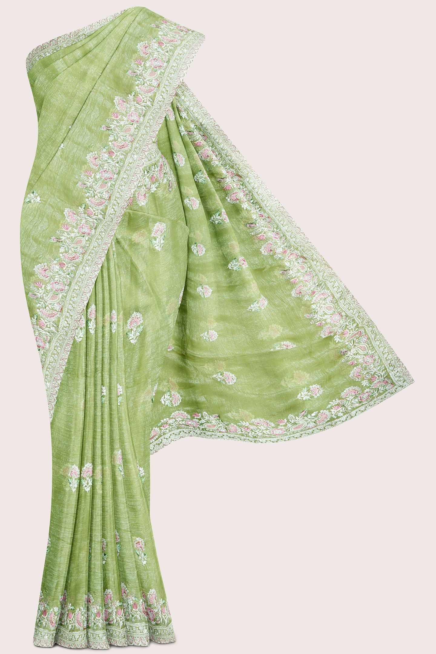 Shimmer Georgette Scallop Border Embroidery Work Light Green Saree