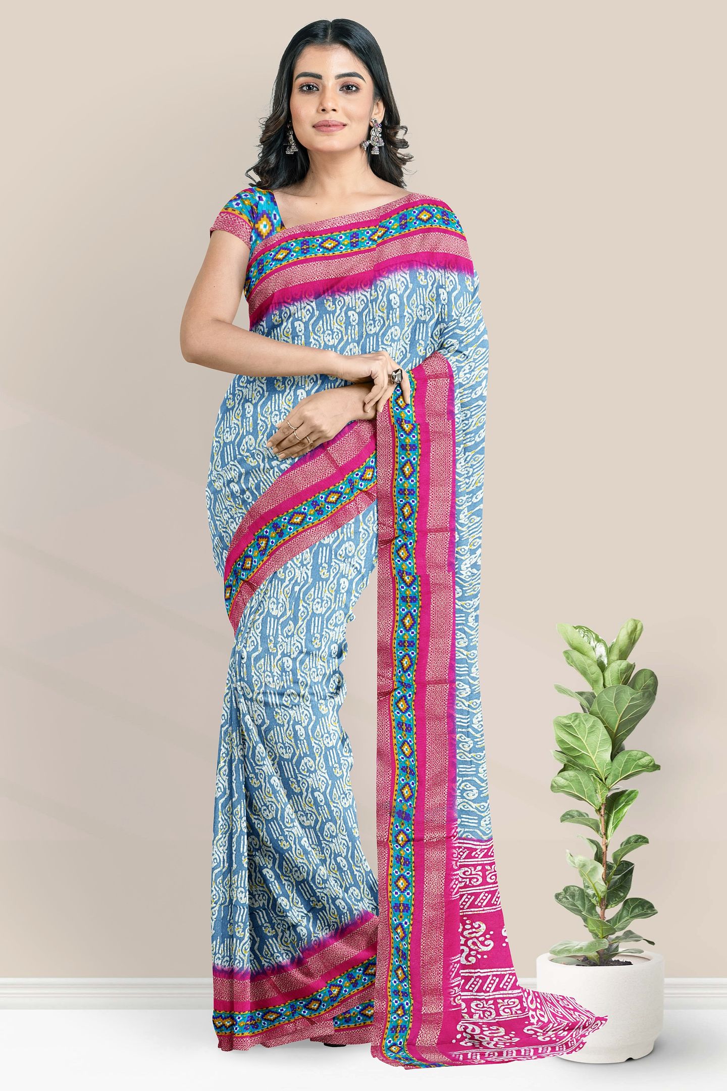 Soft Crushed Silk Gold Zari Batik Print Light Blue With Pink Saree
