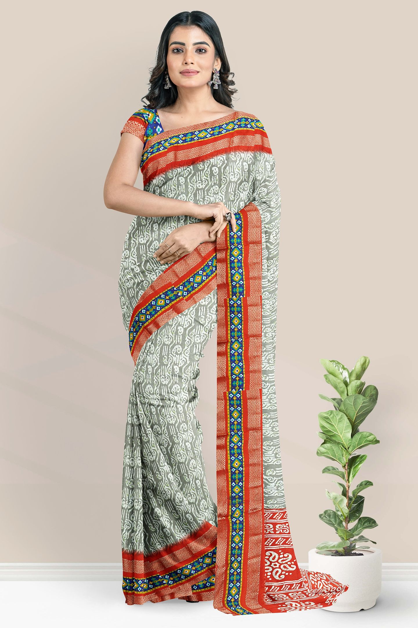 Soft Crushed Silk Gold Zari Batik Print Gary With Red Saree