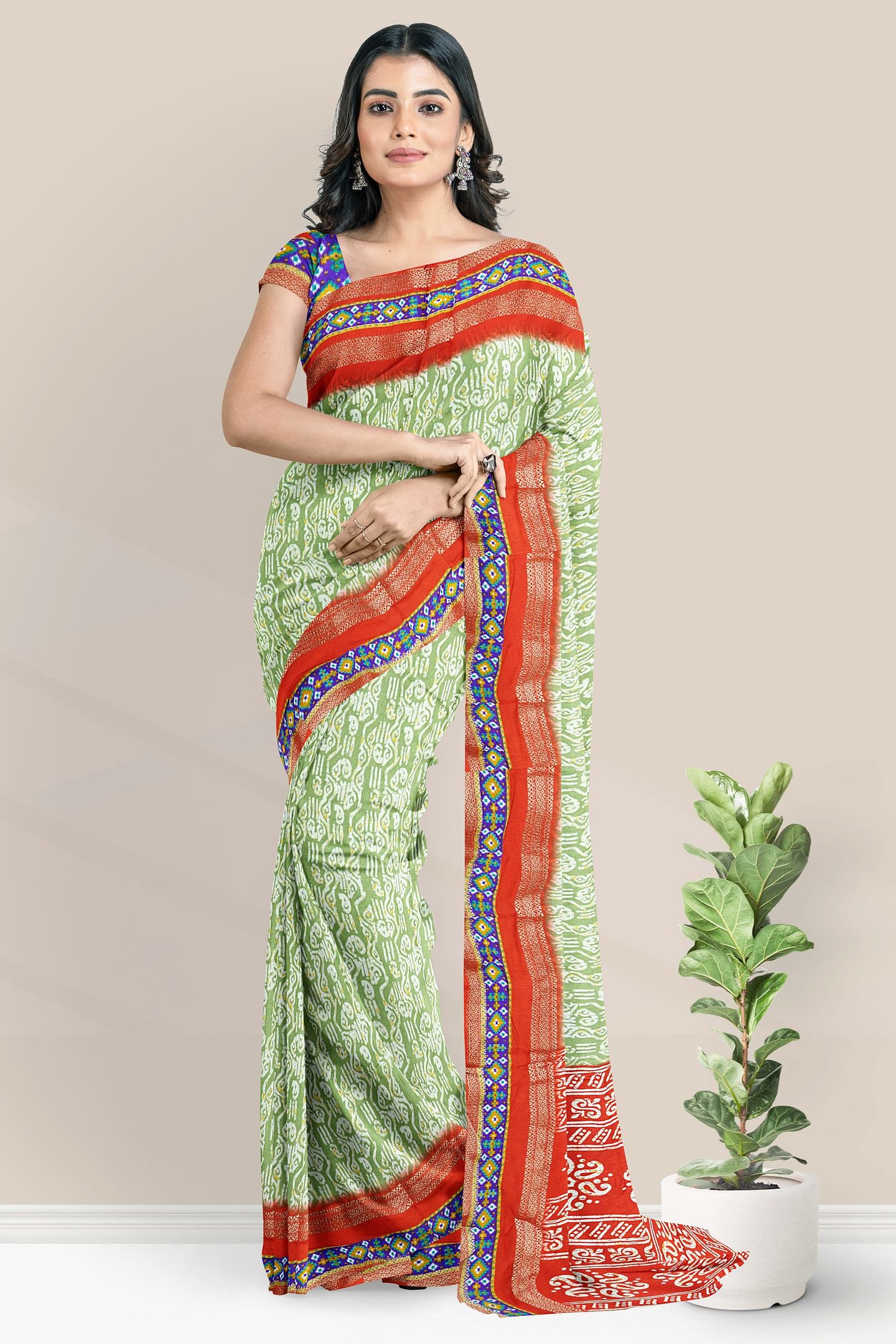 Soft Crushed Silk Gold Zari Batik Print Parrot Green With Red Saree