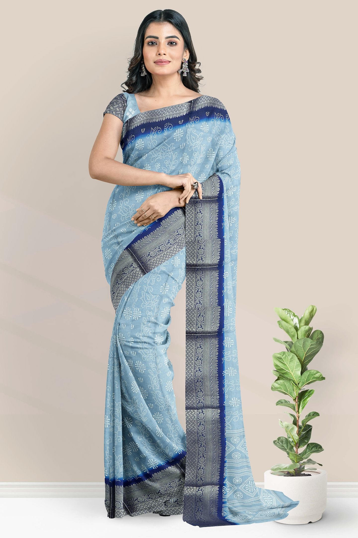 Crepe Zari Weaving Border Bandini Print Grayish Blue With Blue Saree