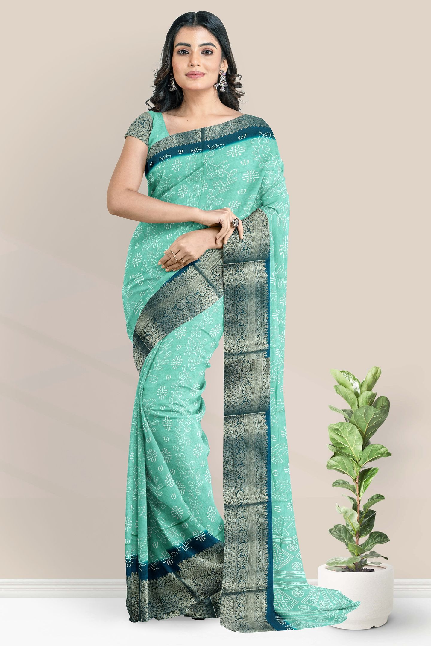 Crepe Zari Weaving Border Bandini Print Sea Green With Green Saree
