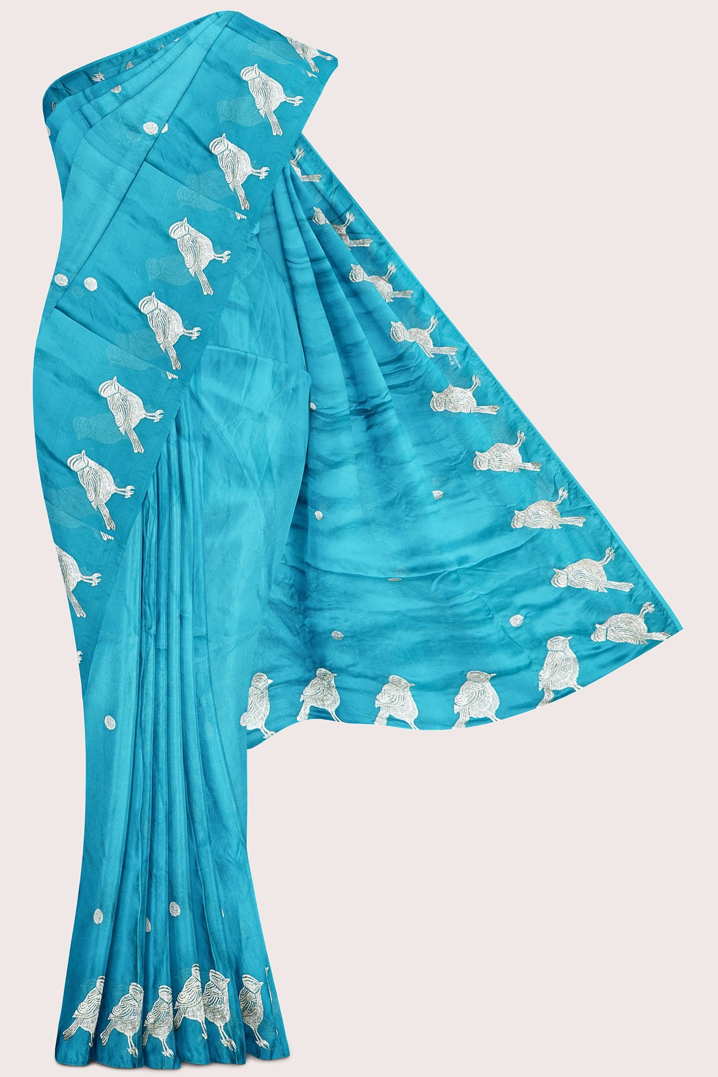 Chinon Crepe Silk Birds Design And Butti Blue Saree