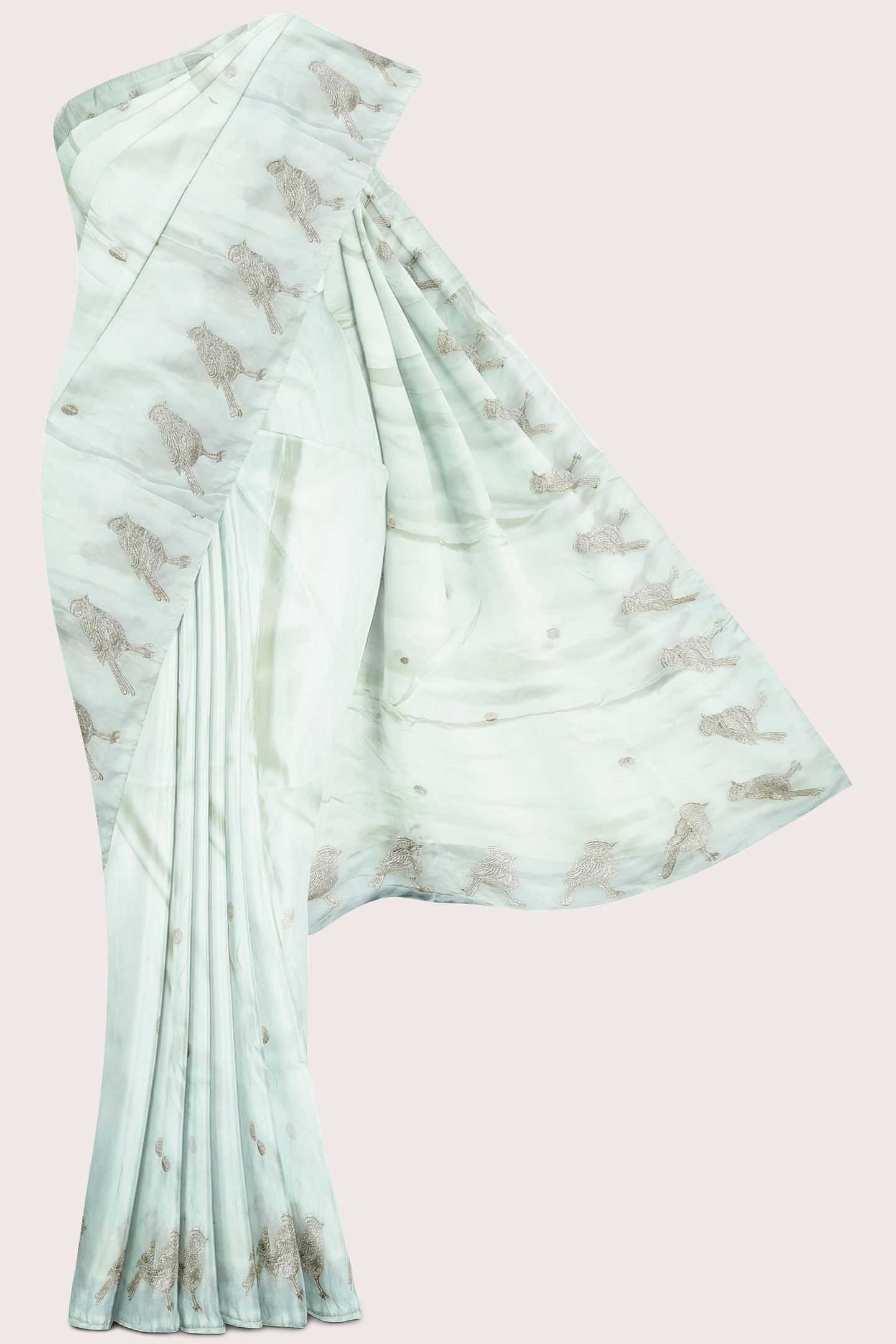 Chinon Crepe Silk Birds Design And Butti Half White Saree