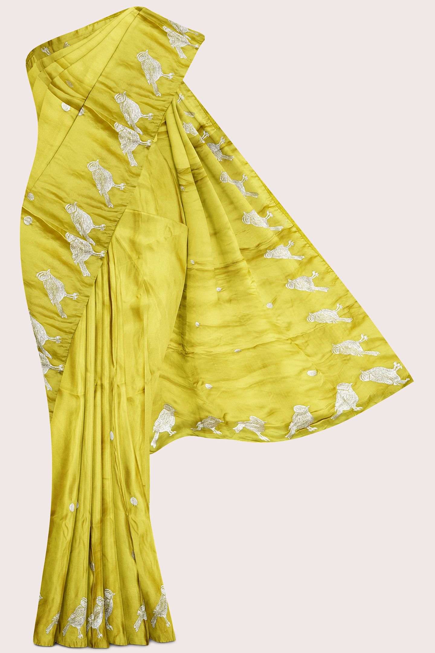 Chinon Crepe Silk Birds Design And Butti Golden Yellow Saree
