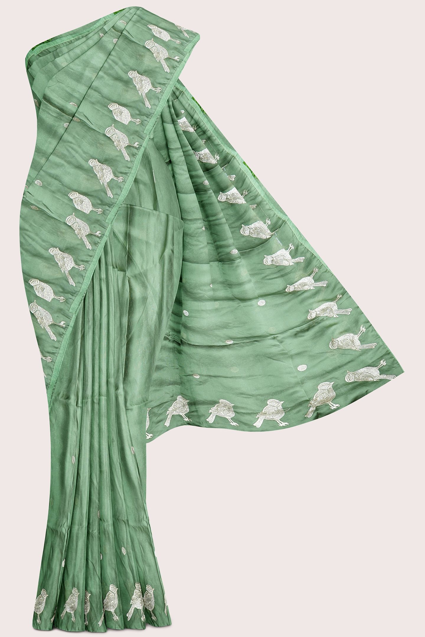 Chinon Crepe Silk Birds Design And Butti Teal Green Saree