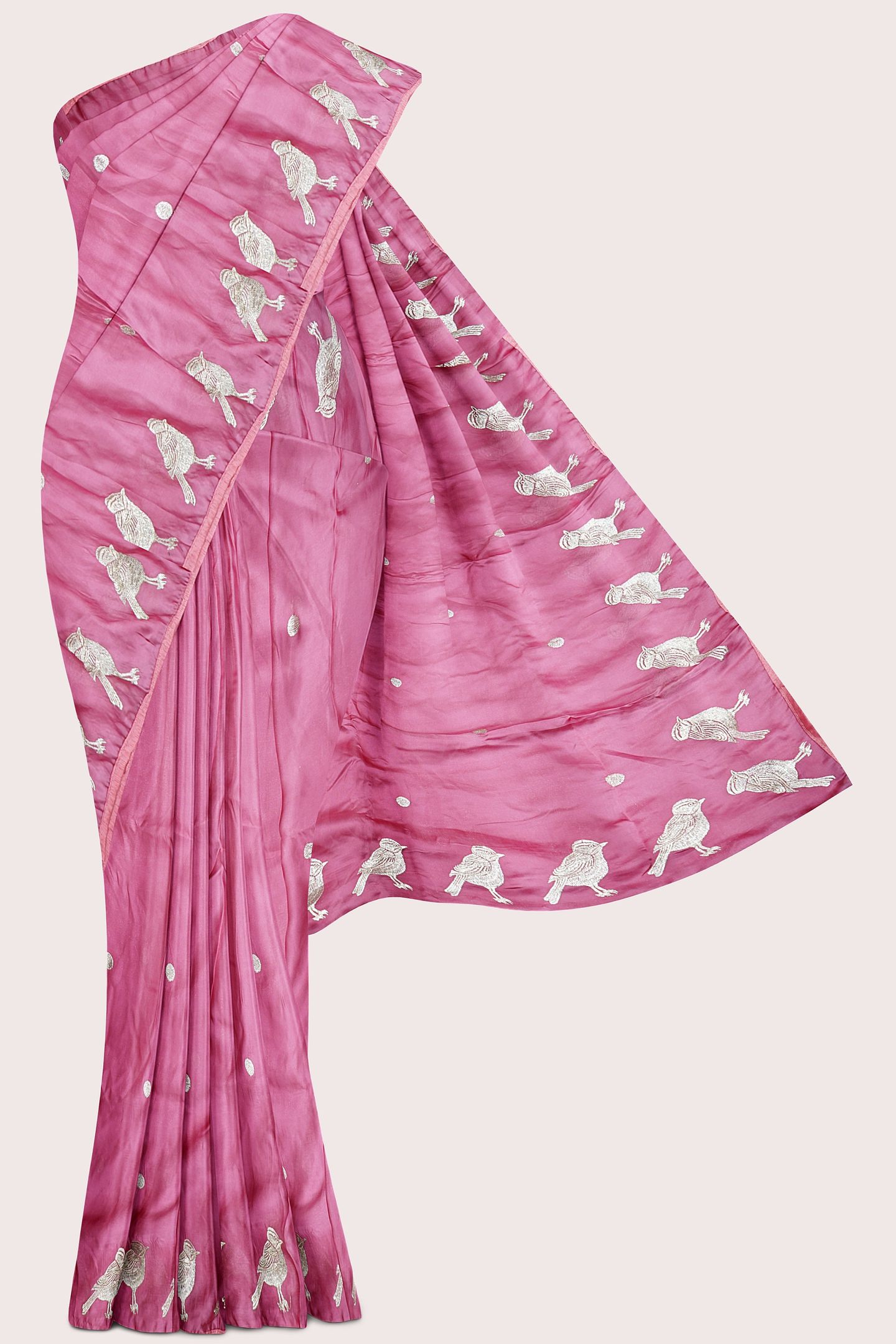 Chinon Crepe Silk Birds Design And Butti Pink Saree