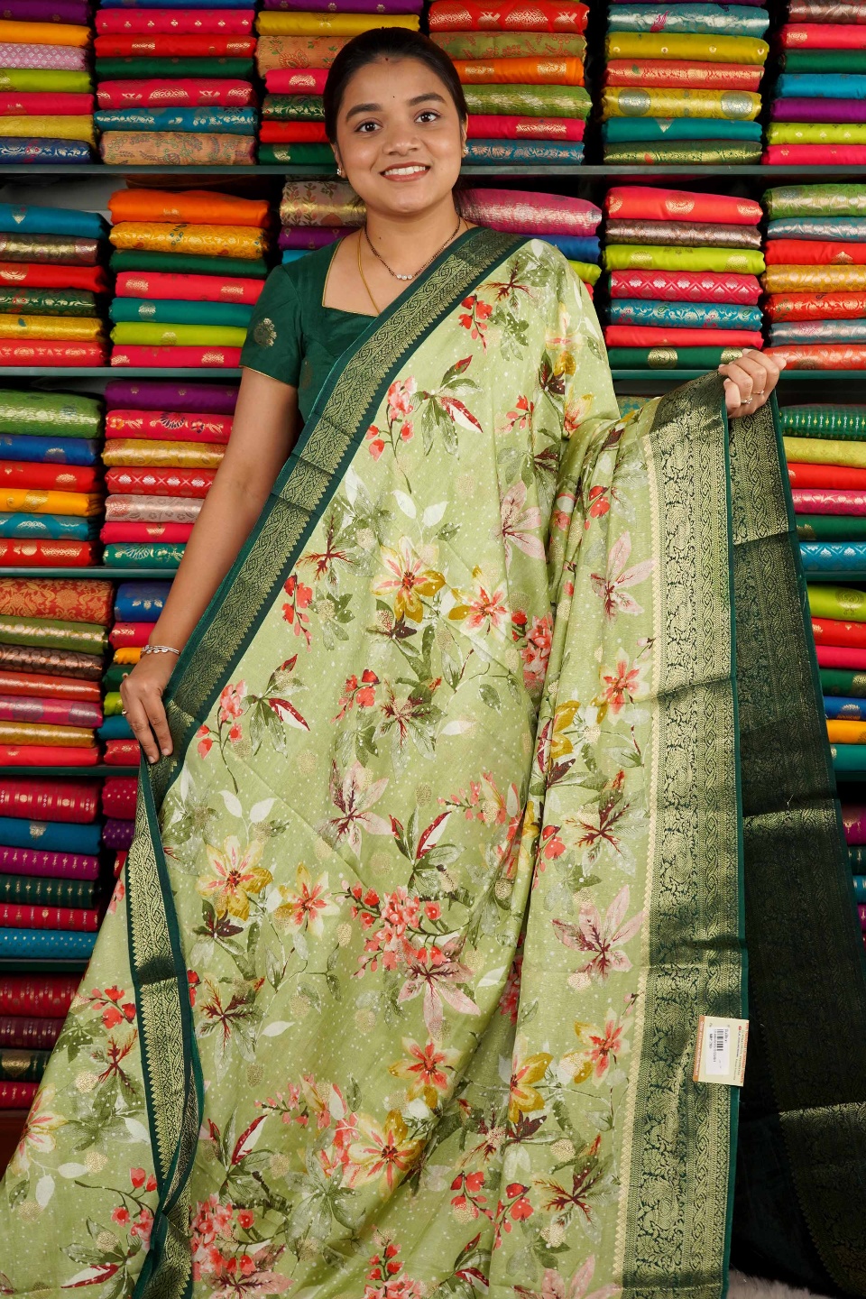 Dola Silk Digital Print Light And Dark Green Saree