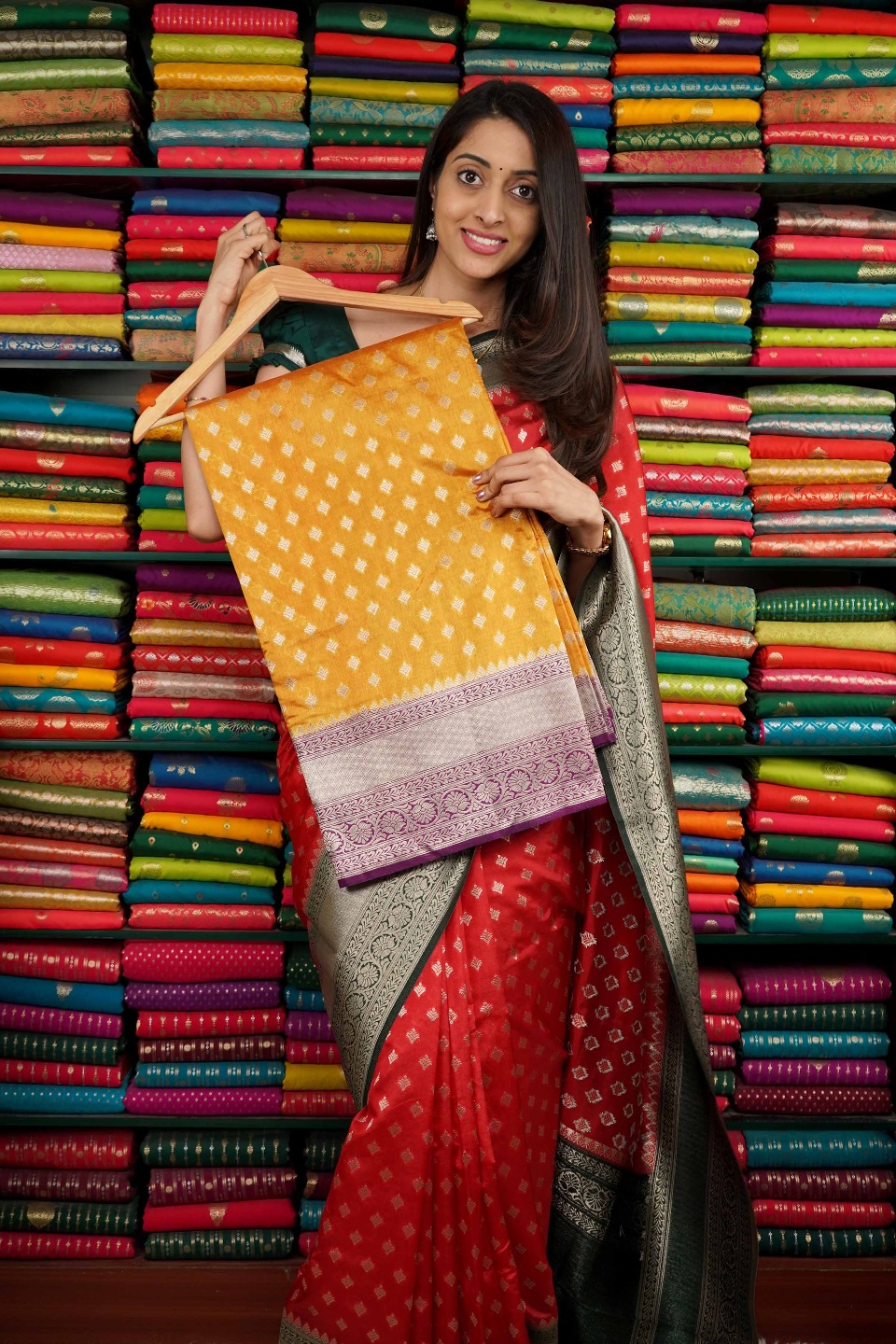 Jute Silk Butti With Zari Border Golden Yellow And Dark Magenta Saree