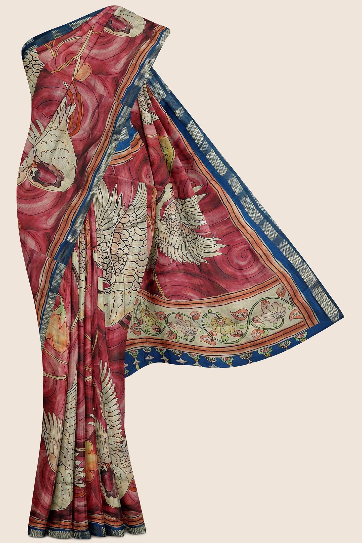 Maheswari Silk Printed Pink With Peacock Blue Saree