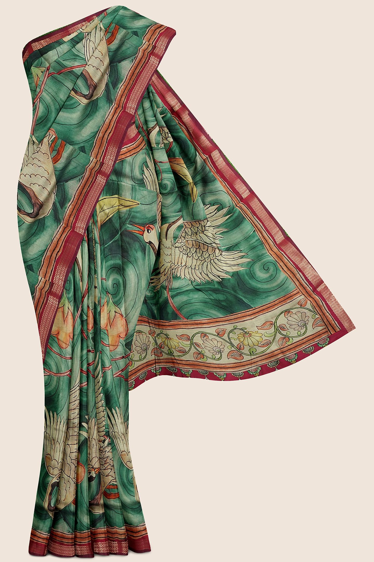 Maheswari Silk Printed Green And Dark Pink Saree