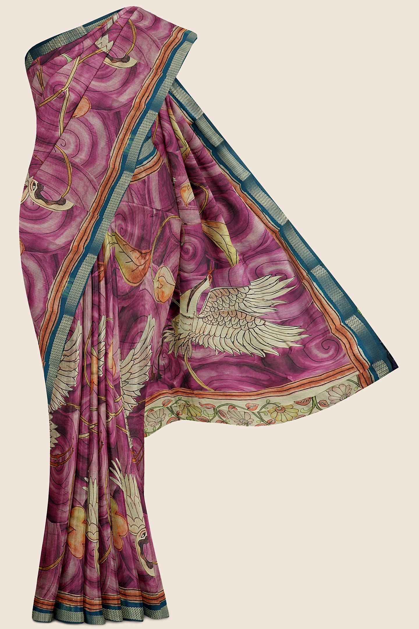 Maheswari Silk Printed MagenthaPink And PeacockBlue Saree