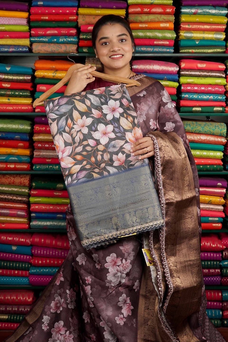 Kota Lace Border Digital Print Grayish Black Saree
