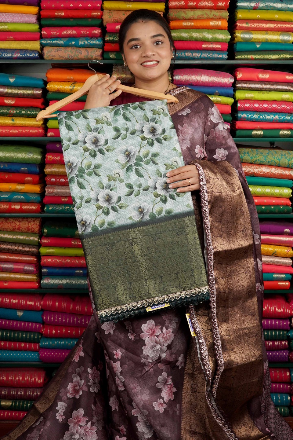 Kota Lace Border Digital Print Green Saree