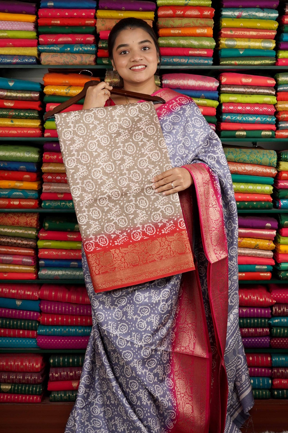 Chiffon Crepe Digital Print Chikoo And Red Saree