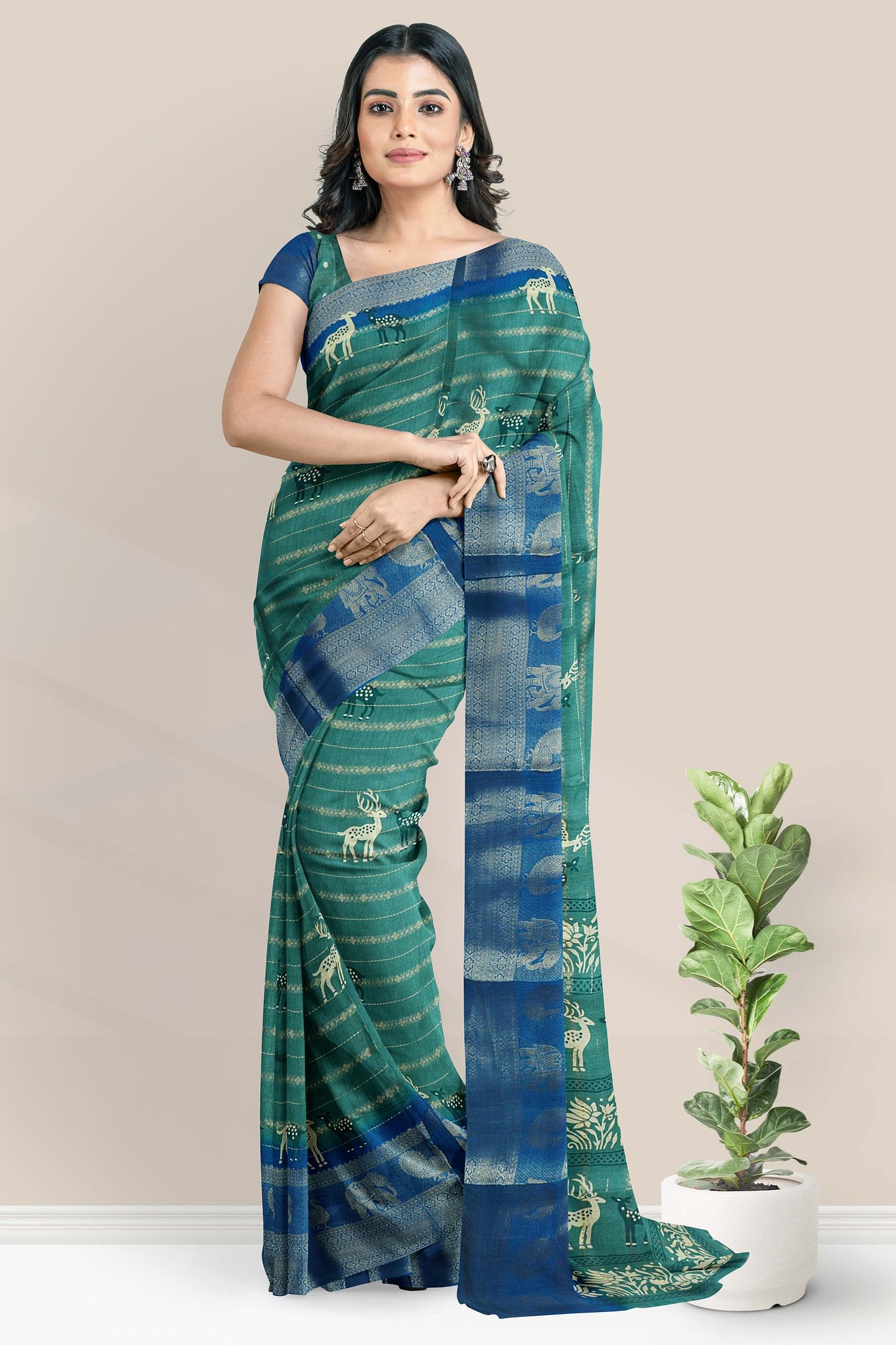 Fancy Silk Deer Print With Zari Lines Green And Blue Saree