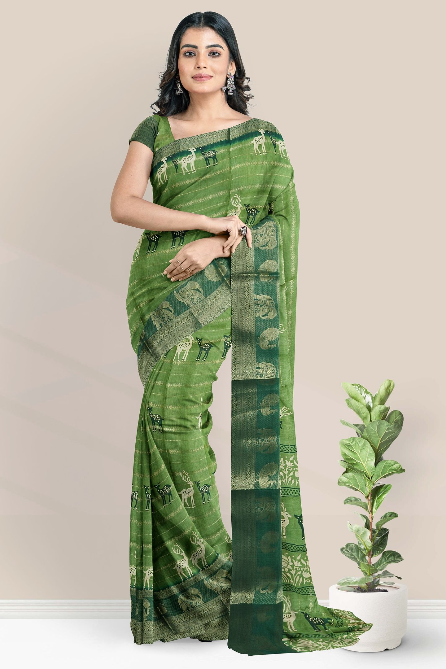 Fancy Silk Deer Print With Zari Lines Parrot Green And Dark Green Saree