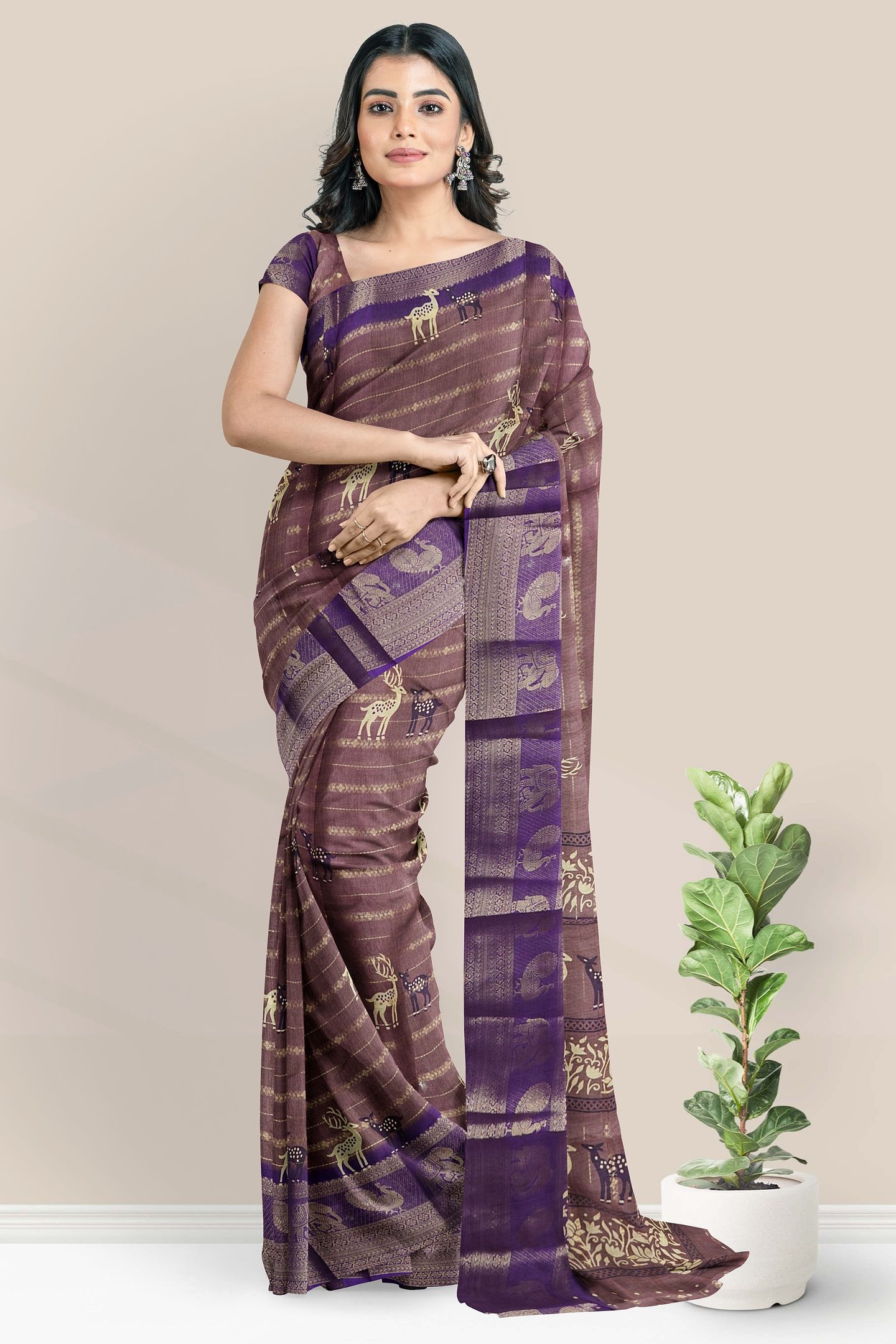 Fancy Silk Deer Print With Zari Lines Light Purple And Dark Purple Saree