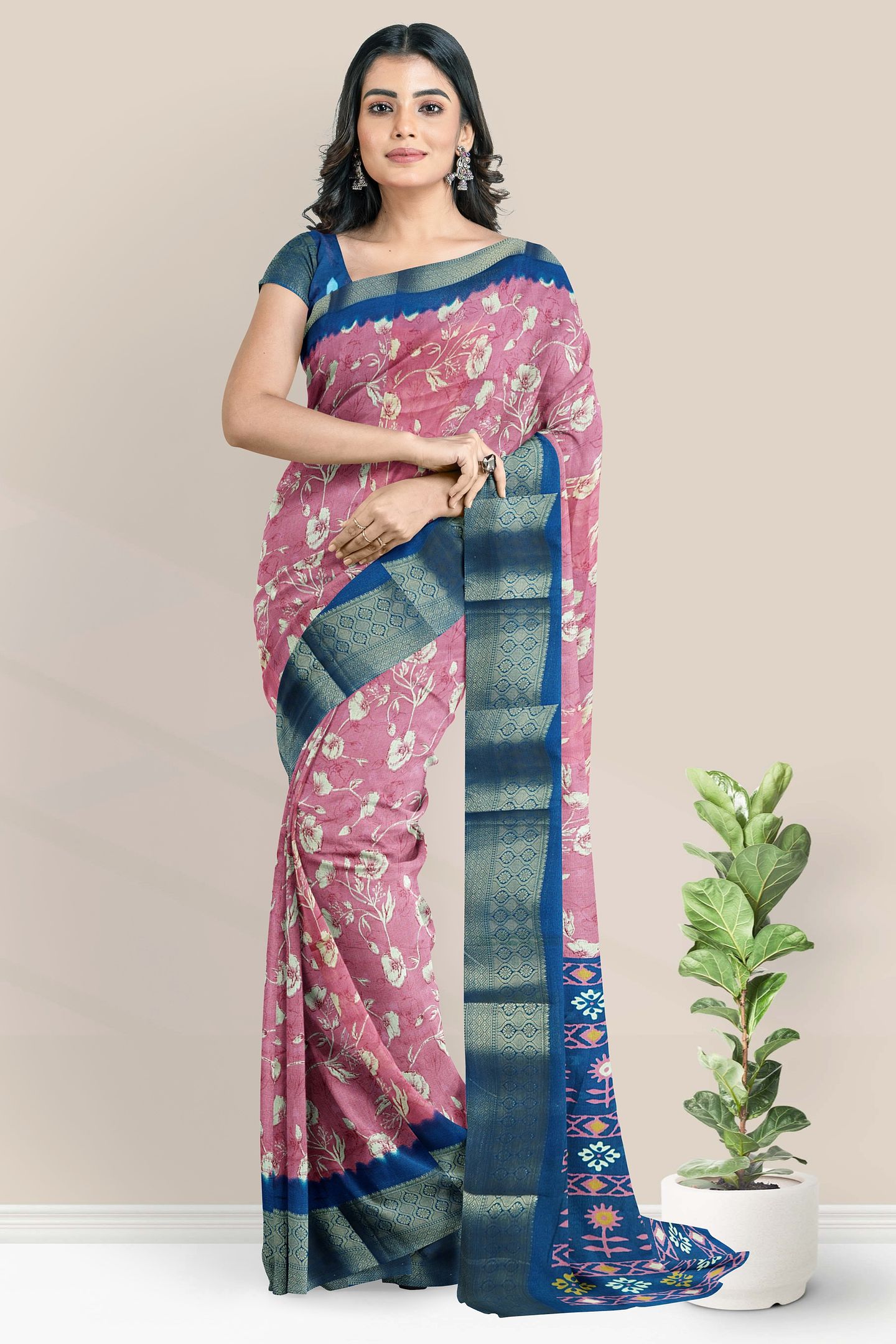 Chiffon Georgette Digital Print Peach Pink And Peacock Blue Saree