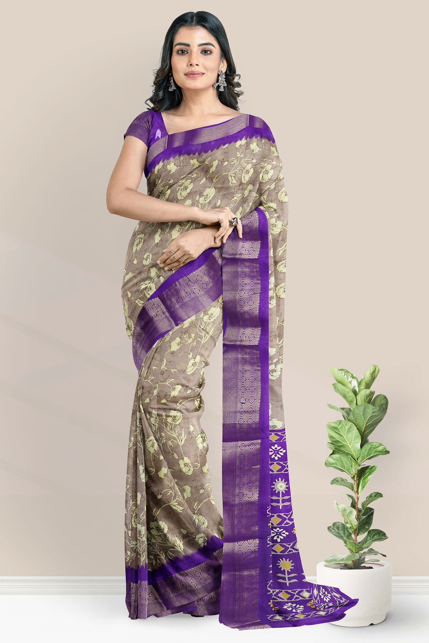Chiffon Georgette Digital Print Lavendar And Dark Purple Saree