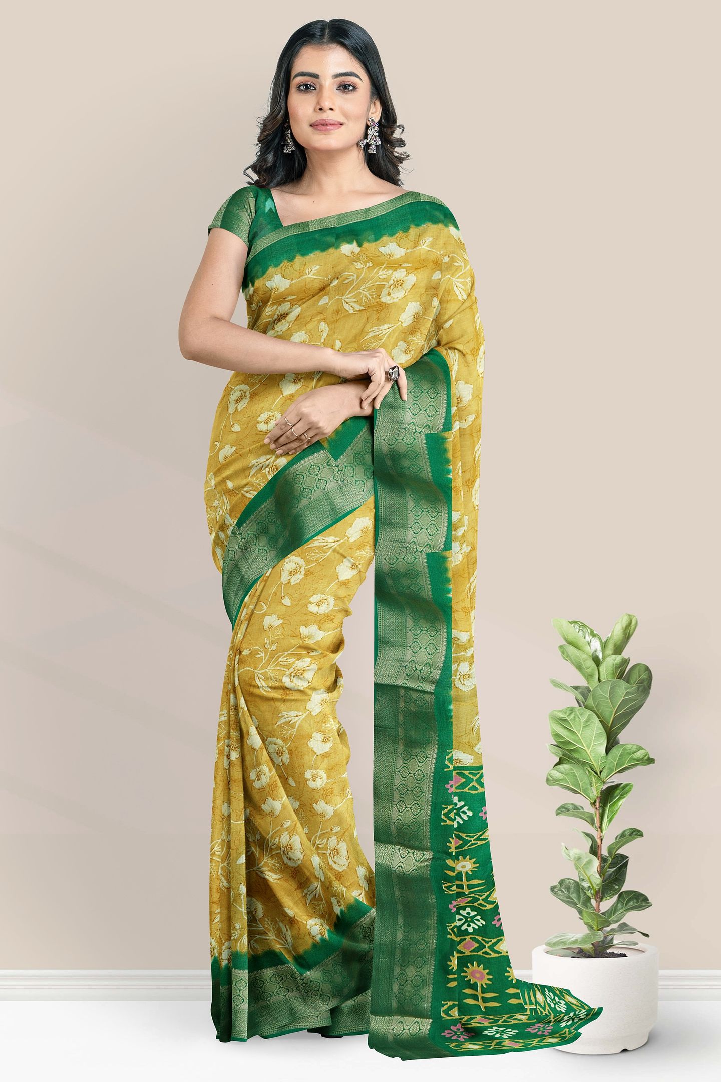 Chiffon Georgette Digital Print Musturd Yellow And Dark Green Saree