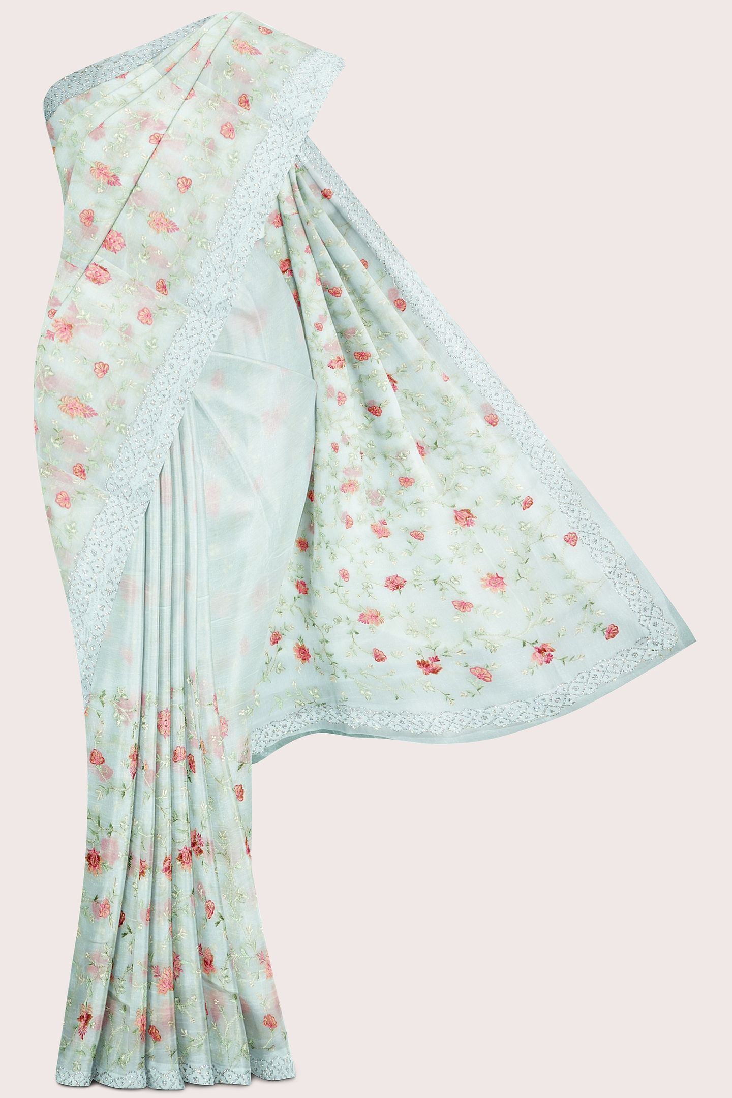 Shimmer Georgette Embroidery Half White Saree