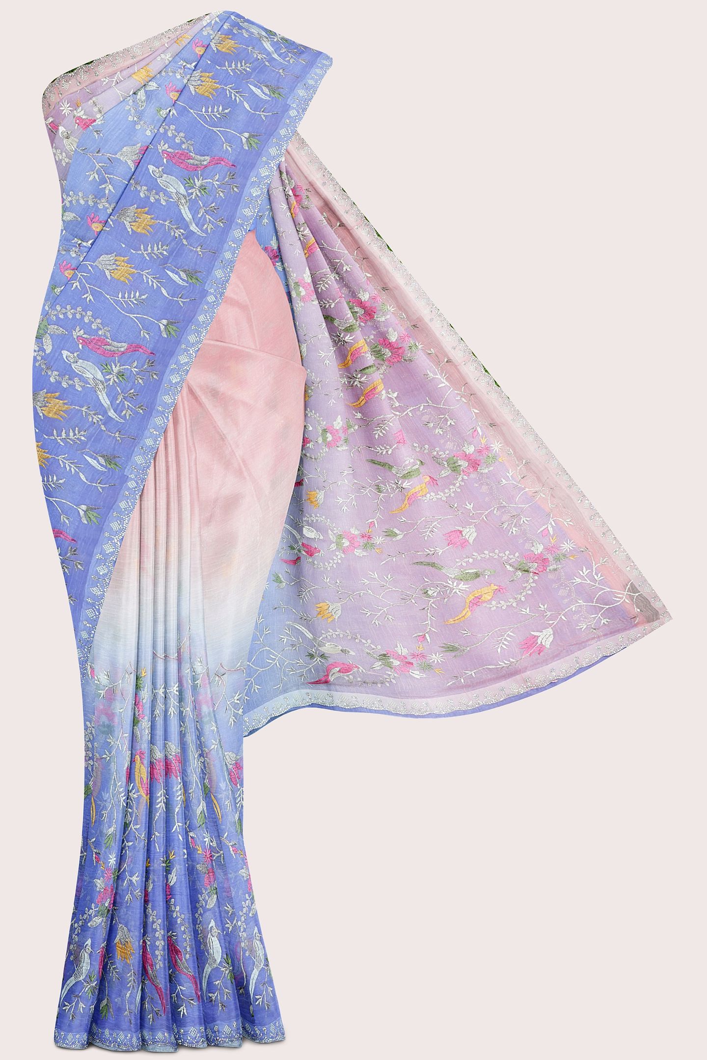 Shimmer Georgette Tie And Dye Embroidery Light Pink And Lavendar Saree