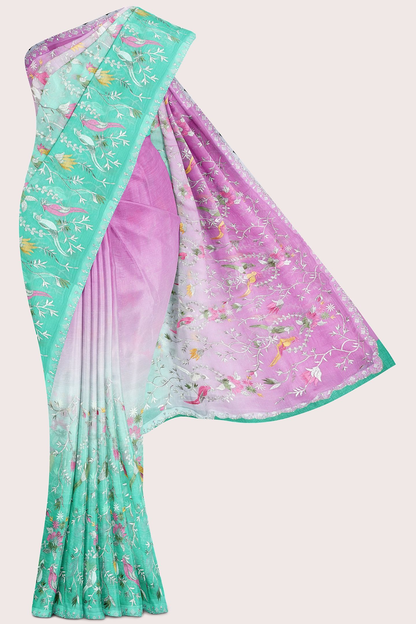 Shimmer Georgette Tie And Dye Embroidery Magenta Pink And Sea Green Saree