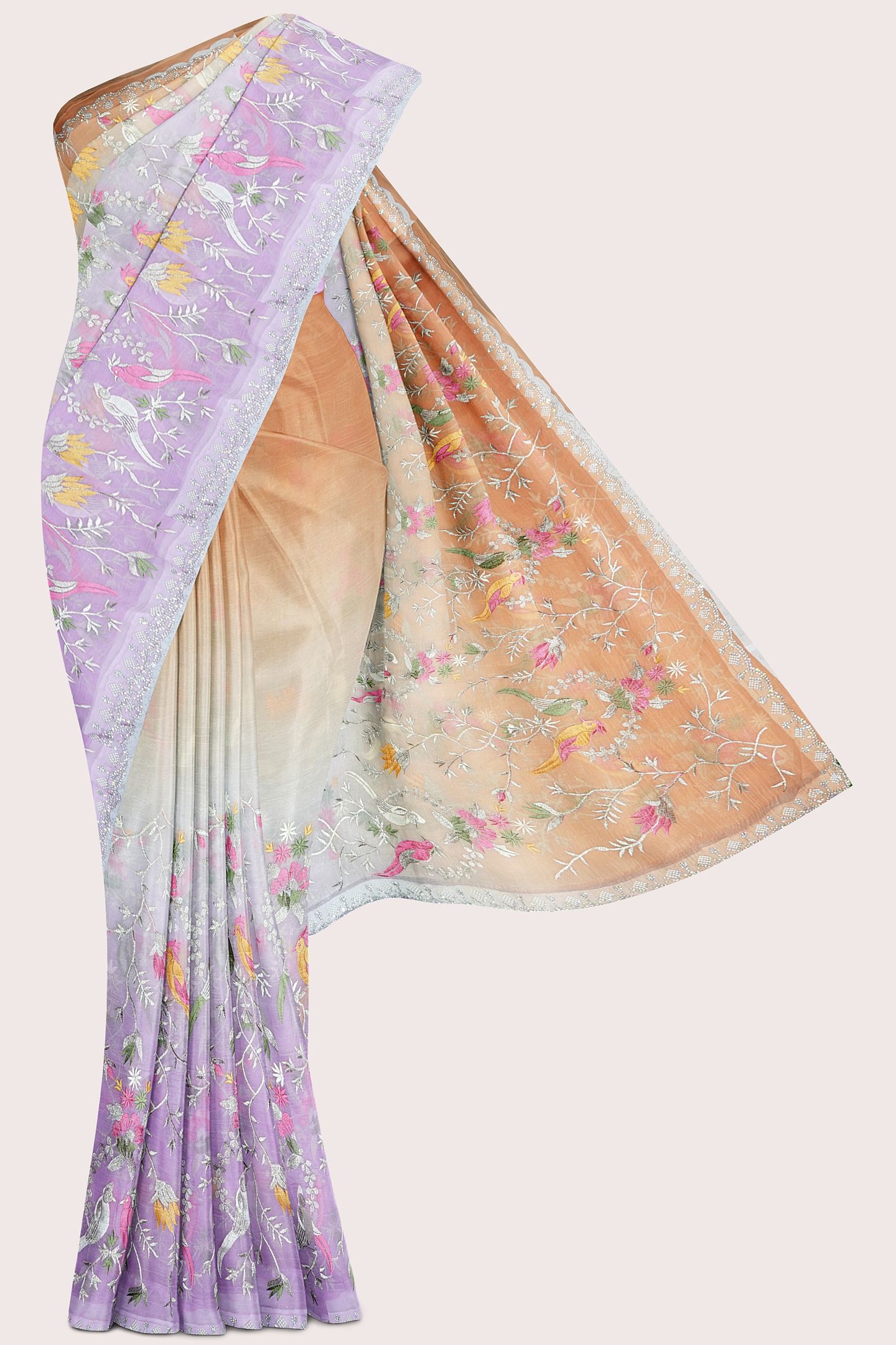 Shimmer Georgette Tie And Dye Embroidery Orange And Lavendar Saree