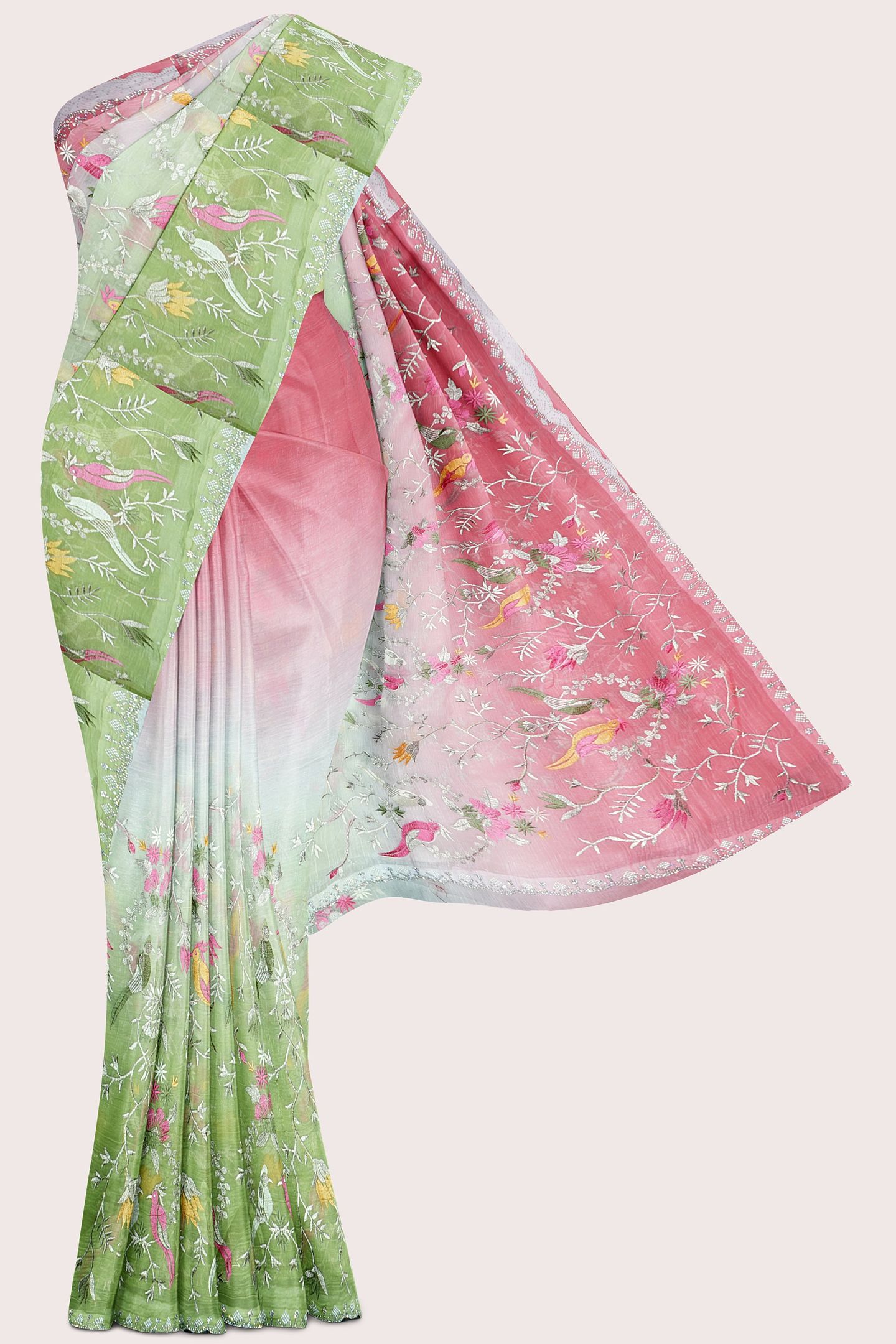Shimmer Georgette Tie And Dye Embroidery Pink And Green Saree
