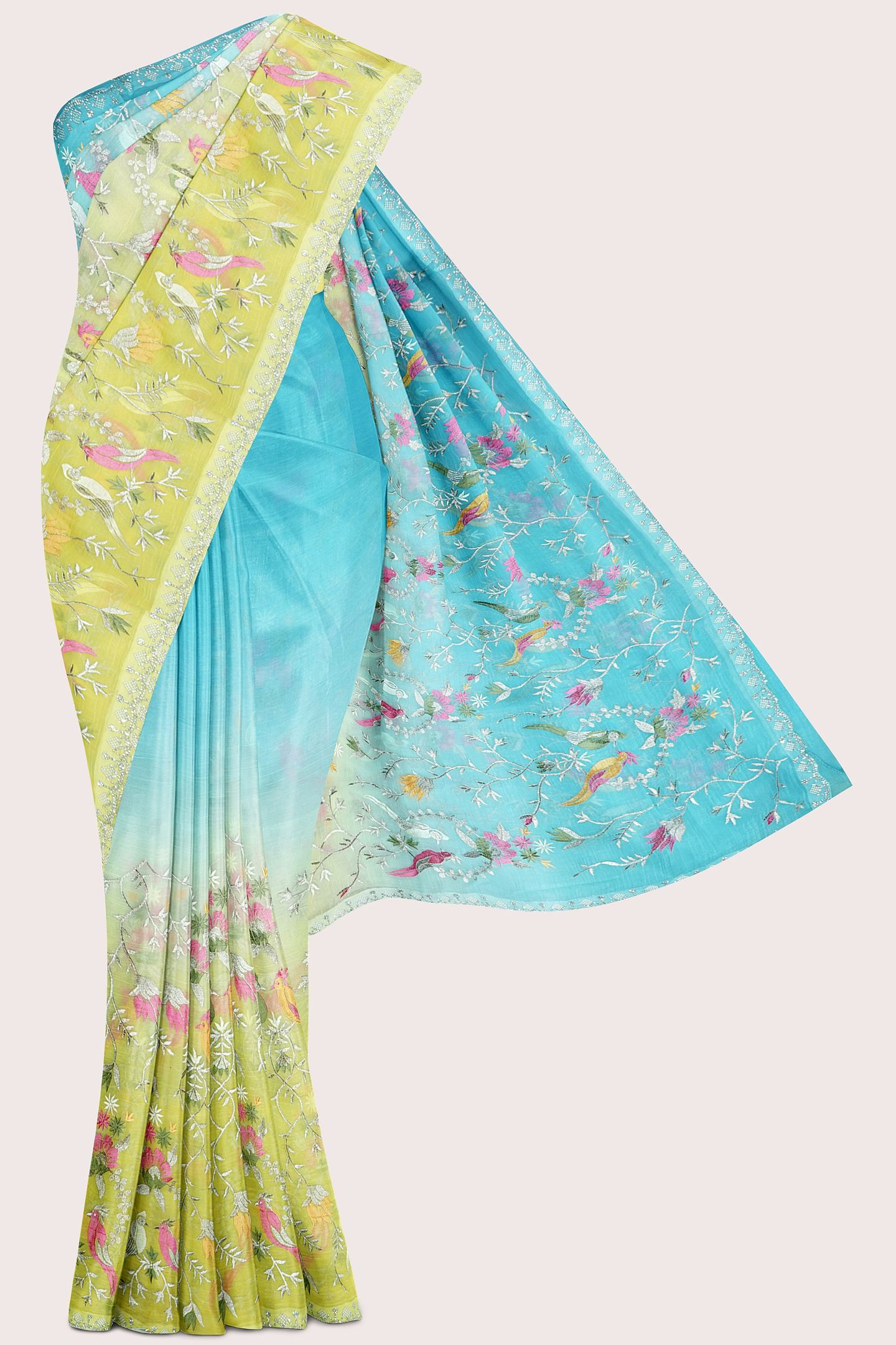 Shimmer Georgette Tie And Dye Embroidery Sky Blue And Yellow Saree