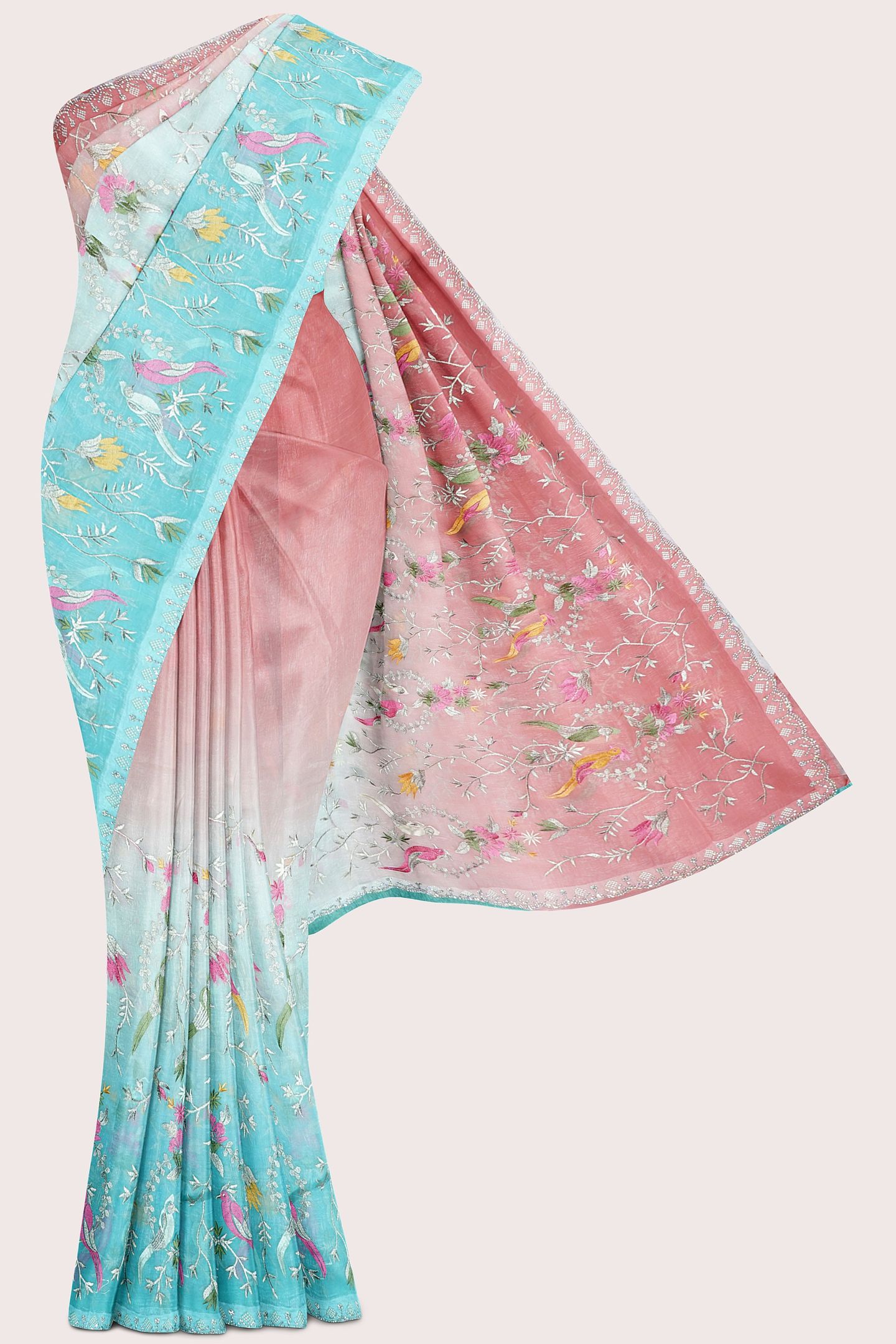 Shimmer Georgette Tie And Dye Embroidery Light Brick Red And Sky Blue Saree