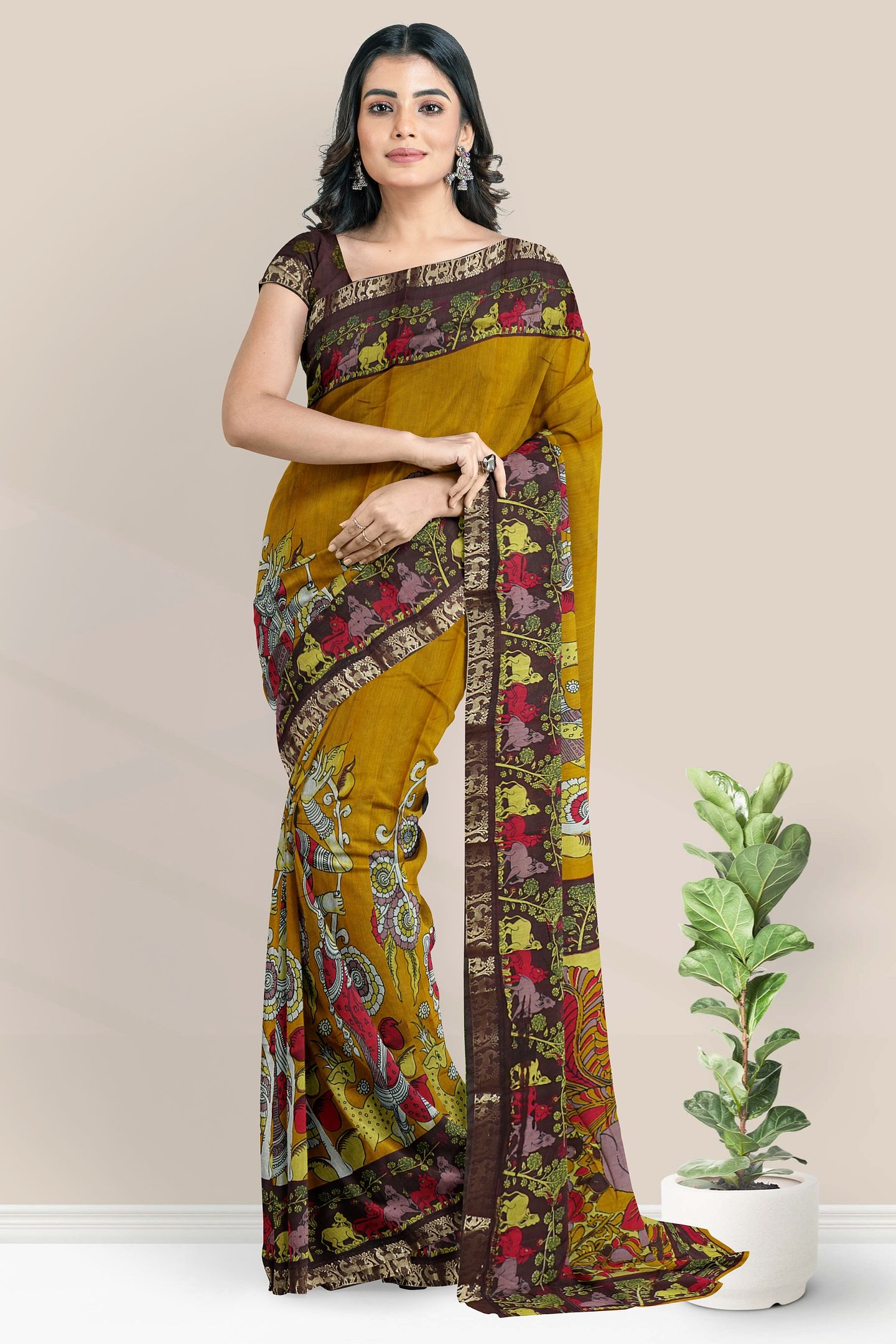 Cotton Silk Kalamakri Print Musturd Yellow And Maroon Saree