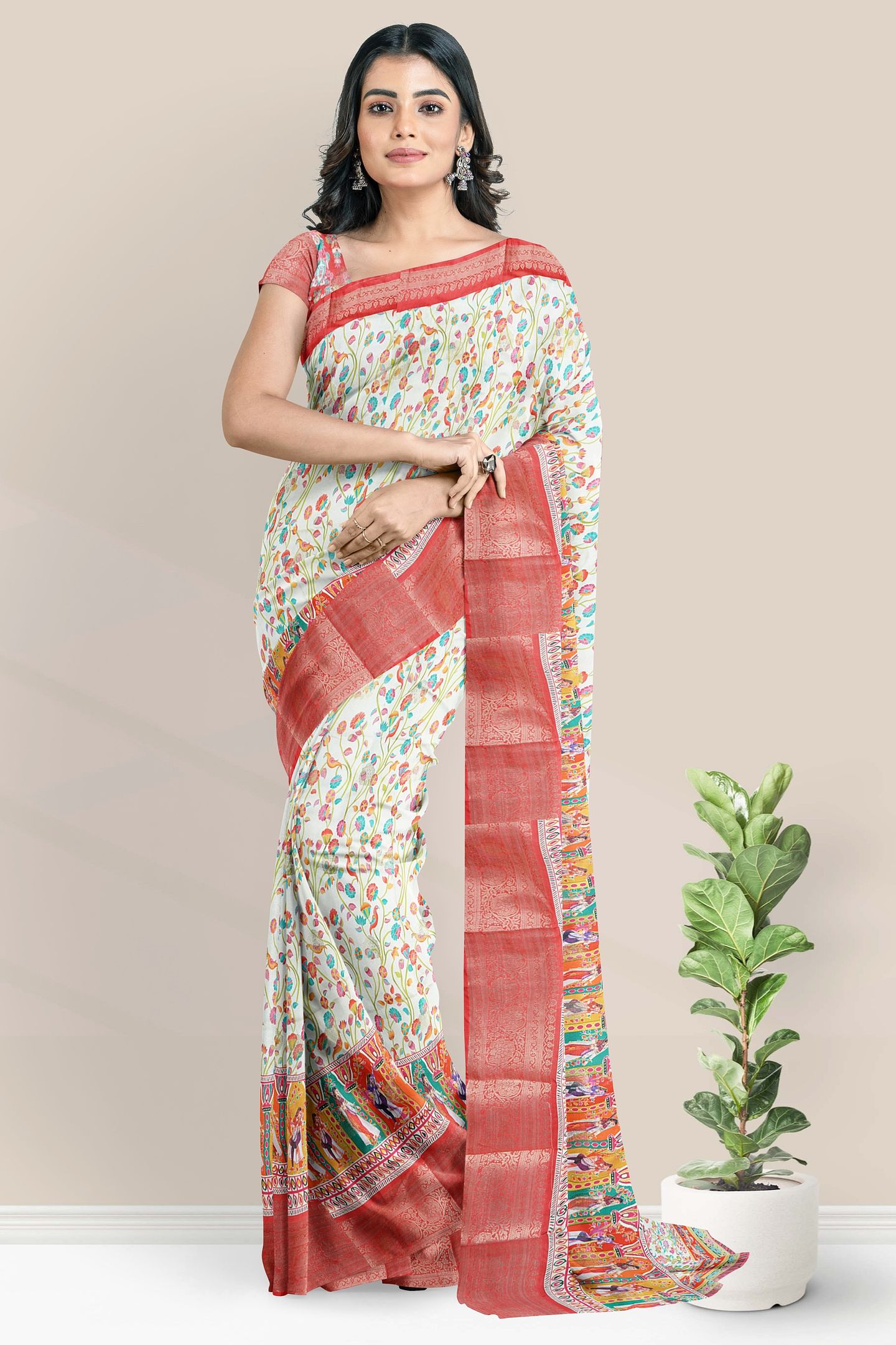 Crepe Silk Digital Print With Zari Border Half White And Red Saree