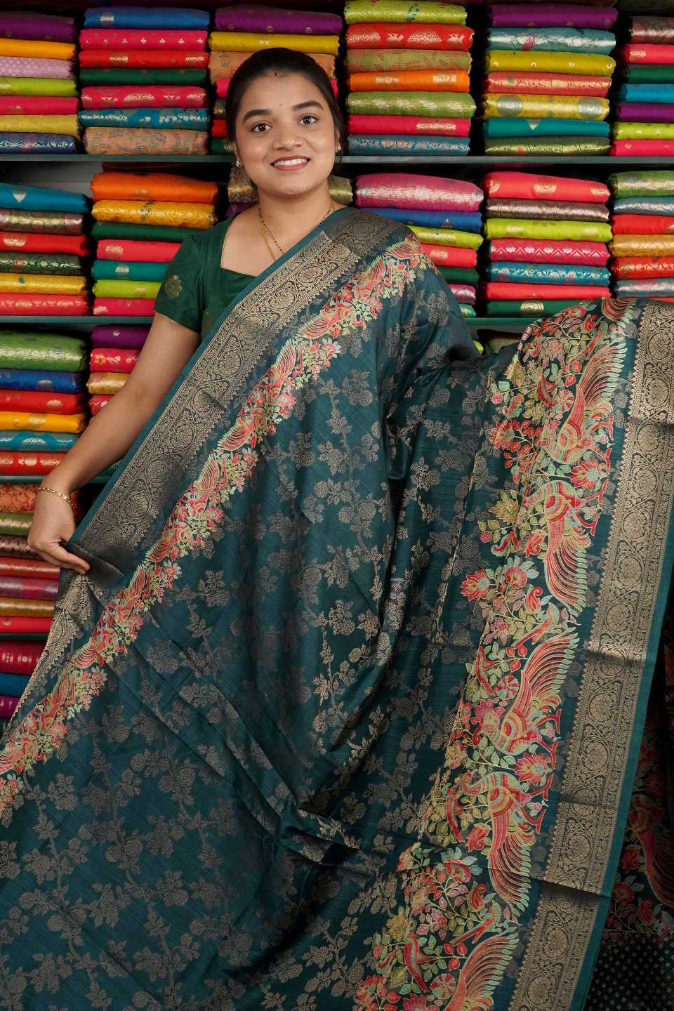 Fancy Silk Full Zaal Dark Green Saree