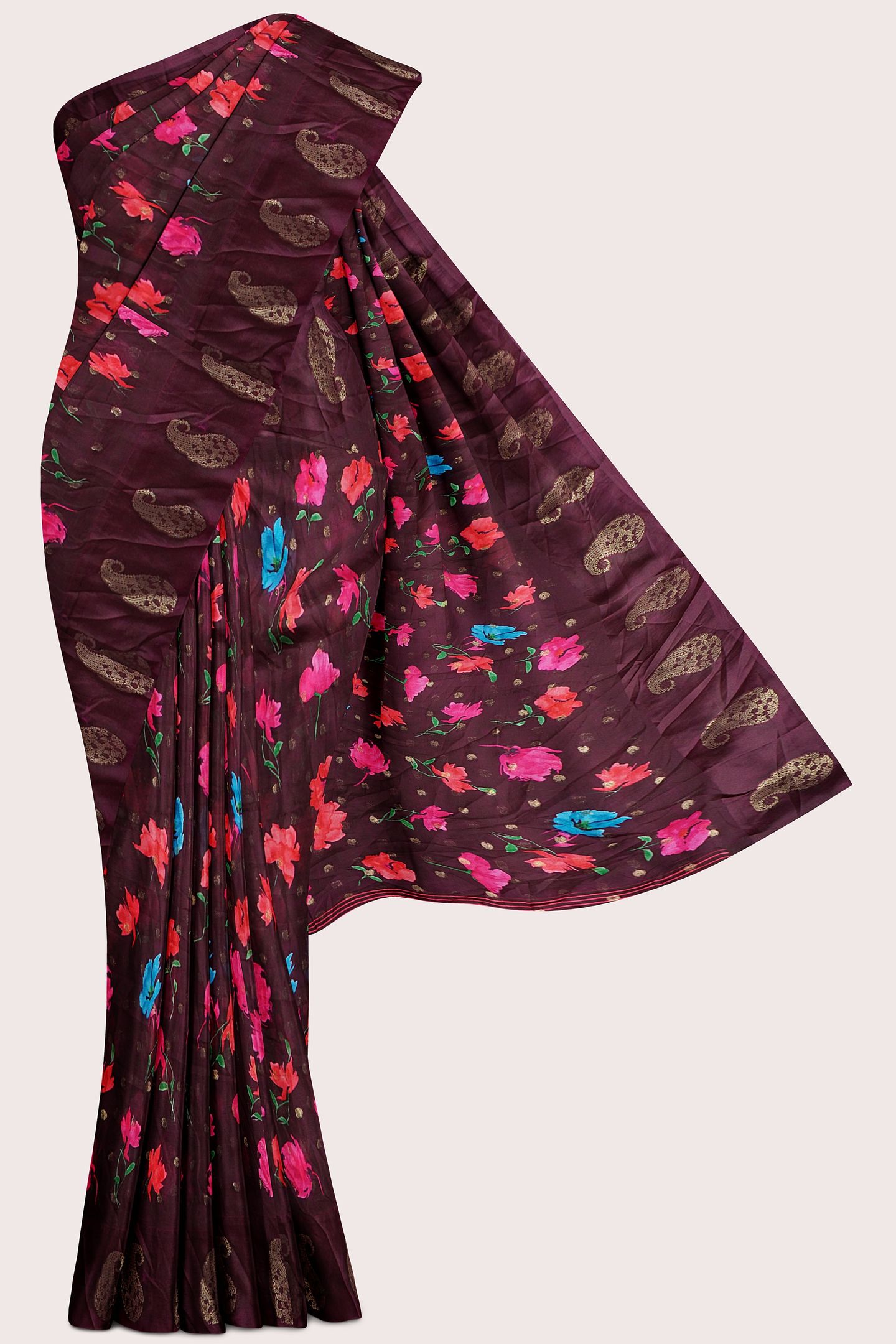 Chiffon Georgette Floral Print With Zari Butti Wine Saree